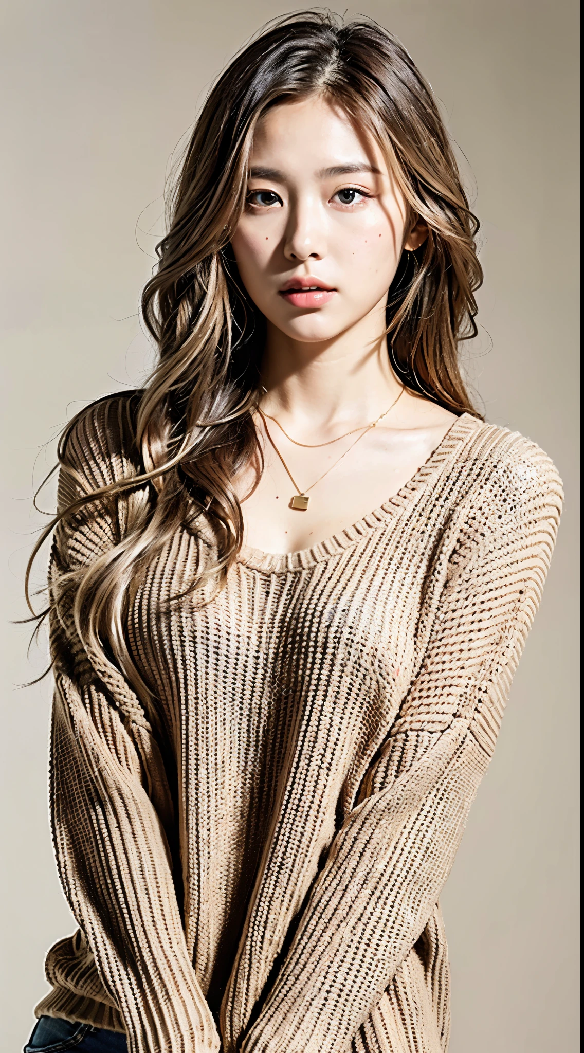 (Best quality, 8k, 32k, Masterpiece, UHD:1.2),Photo of Pretty american woman, very tan, large breasts, long blond hair,upper body,(oversized_sweater,:1.1) necklace, simple background, looking at around