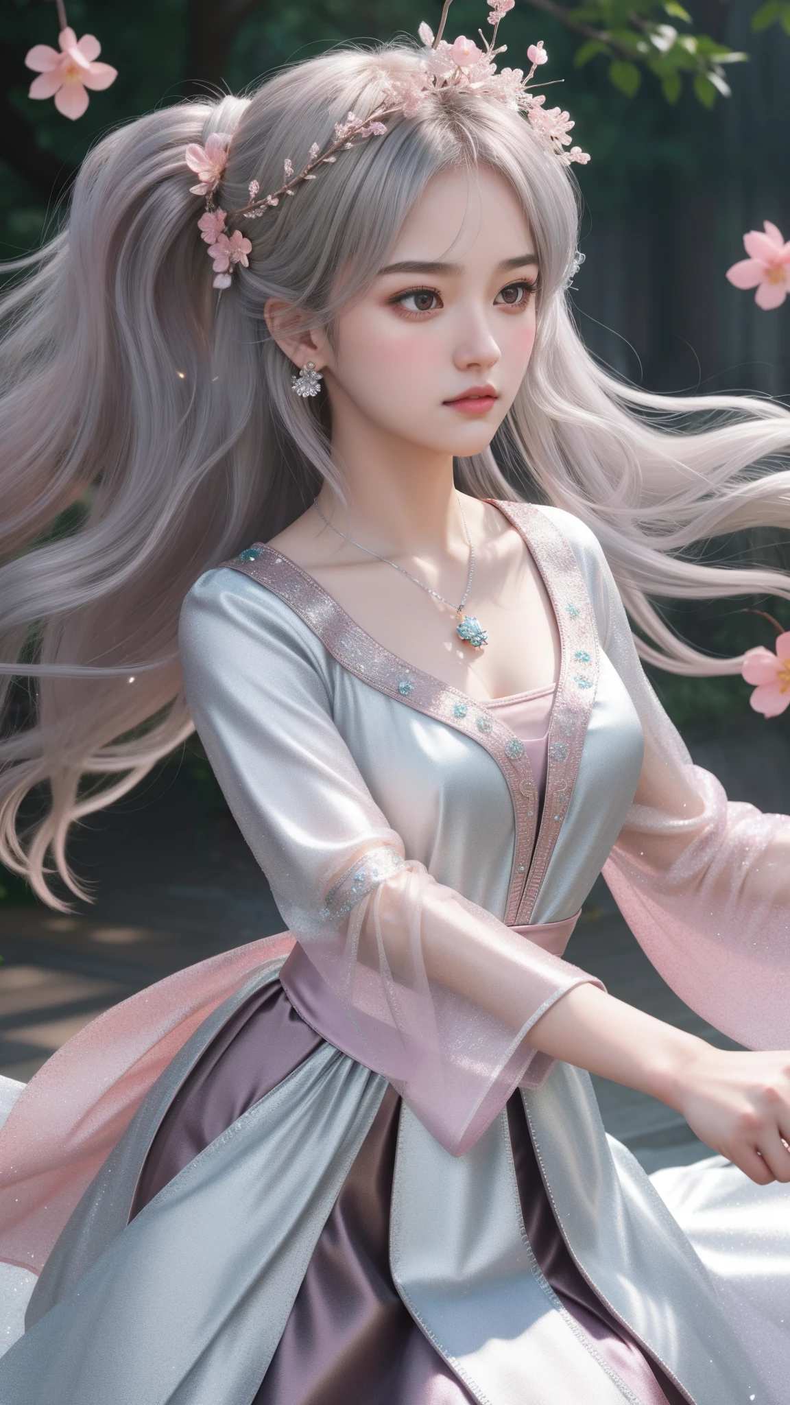 a girl, detailed hair, detailed eyes, shy, facial hair, clover hair ornament, jeweled branch of hourai, jewelry, light blush, light blush, musical note hair ornament, dark silver dress, princess dress, silver highlight, glowing light, ray tracing, bloom, chromatic aberration abuse, motion blur, 4K, UHD, masterpiece, dancing poses,