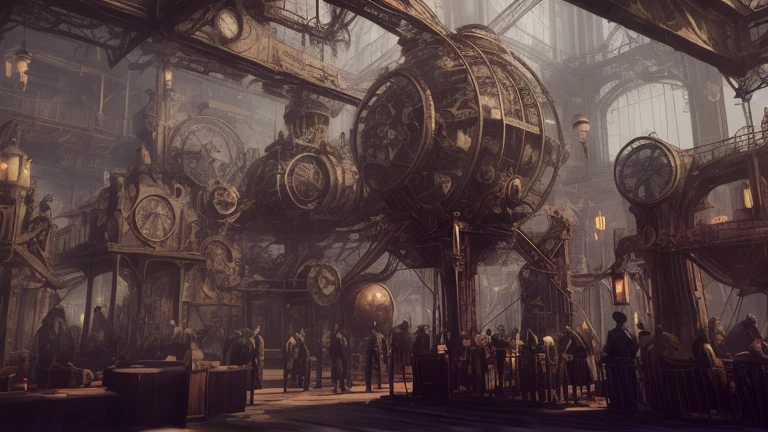 There are many people standing in a building with a clock, steampunk concept art, golden steampunk city atmosphere, victorian steampunk big city, 3d rendering of steampunk, steampunk factory background, Steampunk city, steampunk aesthetic, steampunk digital art, Old steampunk city, In a steampunk dystopian city, set in a steampunk world, steampunk setting, Steampunk world, steampunk themed images