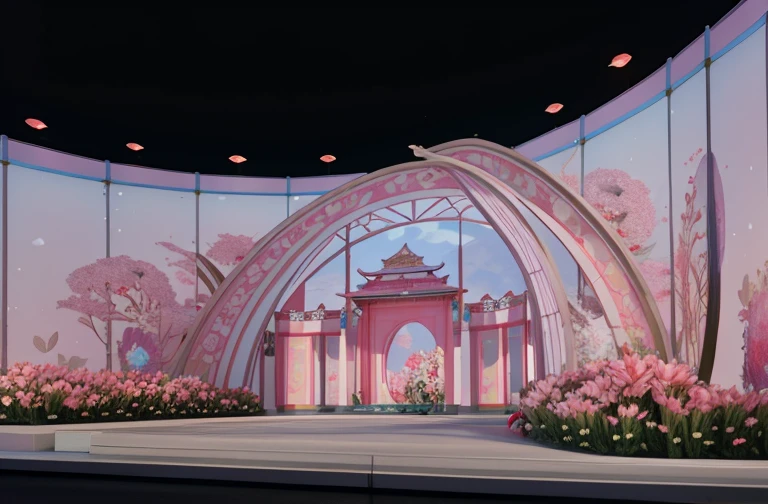 There is a stage,A large display of flowers and plants, backside of scenography elements, pink arch, floral environment, Cha Shibiao, stylized as a 3d render, concept-art. 8K, Beautiful aesthetic, Beautiful aesthetic design, projection design installation, Web portals. zaha hadid, conceptual rendering, beautiful render of a fairytale, concept-art,Advertising design,Chinese