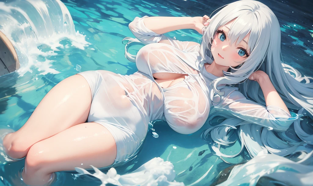 anime girl with silver hair, blue eyes, bikini, Covered in white fluid on the body, Lying down, tongue out