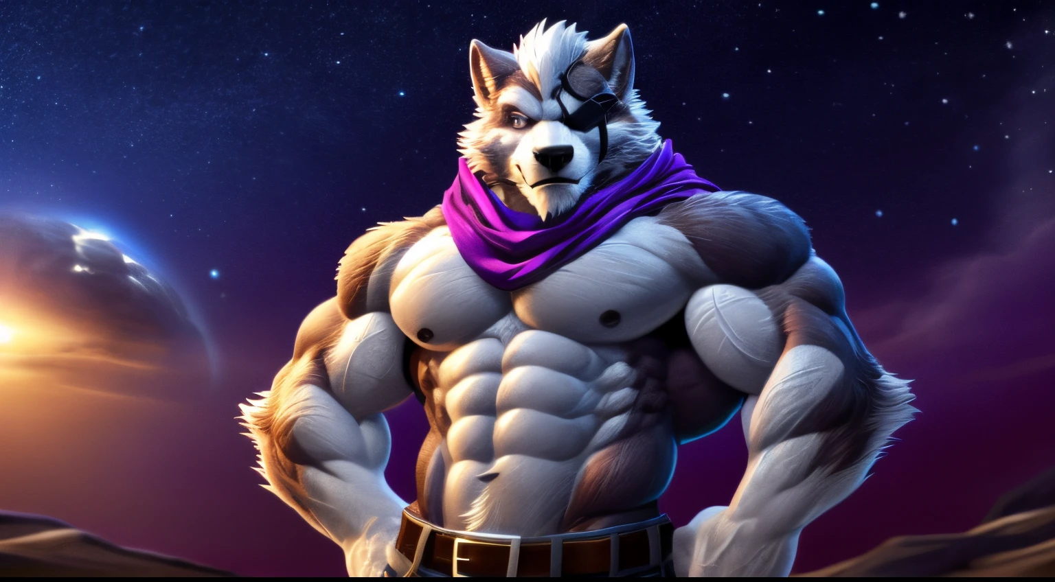 wolf o'donnell, posing for the camera, showing off. 4k, high resolution, best quality, posted on e621, solo, anthro body, male, adult, masculine, (very muscular, strong chest, abs, pectorals, biceps:1.1), correct anatomy, (dusk, space clouds, galaxy, stars:1.0), (by wfa:1.2), (by negger:1.0), (cel shaded:1.2), cartoony shading, confident, strong, (wolf tail:1.0), (pants, belt:1.1), (half body:1.2), (detailed eyes:1.1), handsome, strong pose, looking at camera, eyepatch, tough guy pose, strong pose, purple scarf, arms crossed