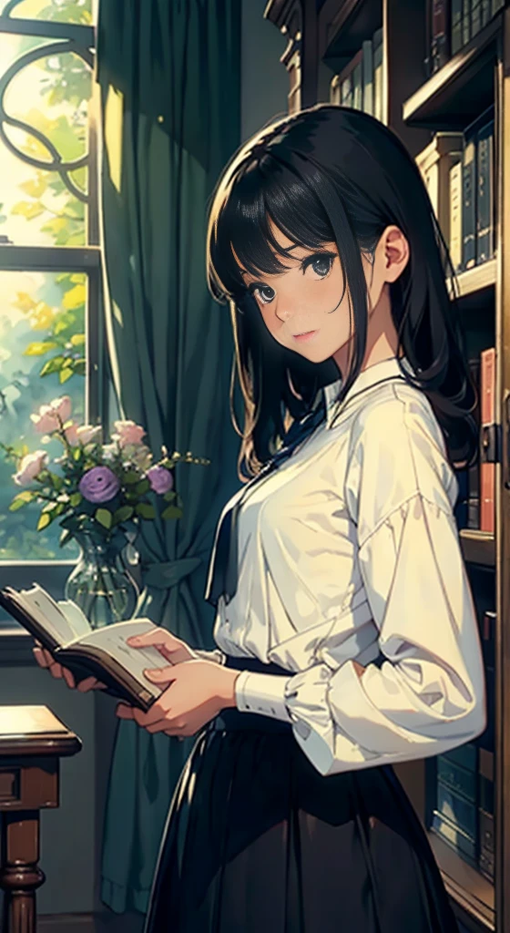 (Watercolor in Sargent style)、(top-quality、masterpiece)、超A high resolution、high-detail、(David Hamilton Style)、(softfocus)、Cinema Angle、ciinematic light、Soft light、(British traditional public school)、1girl in、17 age、A stunning、Short black hair、Bunching hair、((Detailed depiction of a beautiful face))、Crisp face、(detailed face depiction)、Detailed eyes、small tits、tiny chest、((classic uniform))、((long skirt))、Holding a book,at the library、Perfect hands、((Anatomically accurate depiction of hands and fingers))、((Describe the exact shape of the book))、beautiful setting、serene ambiance、Calm expression、Quiet moments、Vintage atmosphere、Immerse yourself in reading、bookworm、Thoughtful gaze、Classic elegance、A quiet retreat、Fascinating beauty、Sophisticated clothing、Majestic bookcase、Traditional atmosphere、Lush green environment、