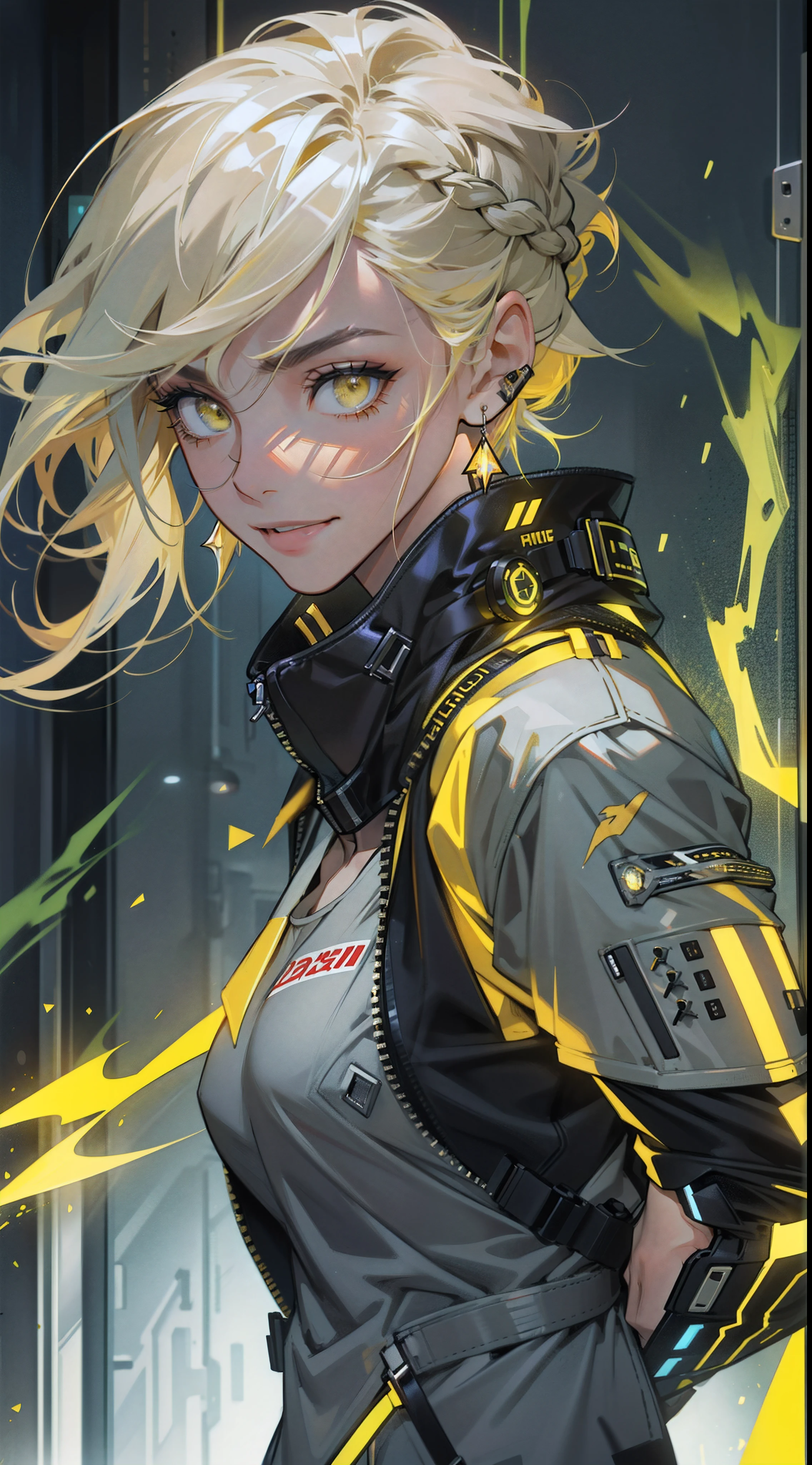 full body in camera,fully body photo,solid black background,characters in yellow lightning,Big lightning,Lightning thunder background,Effect of firepower on opponents,fiery,electric flint,Best quality,tmasterpiece,Super high resolution fills the screen,Indoors at night,Thunder magic,Lightning burning background,Intense burning,burning athlete,yellow color scheme,natta,inside a room,Yellow neon color scheme,A yellow-haired one,Black fashion clothing,yellow and black clothes,Future girl,beuaty girl,cyberpunk backgrouns,Lateral face,Smiling,Various laid-back poses,Perfect makeup,love eyes,8K quality,cyber punk personage,sense of science and technology,Character backlighting,rim-light,Movement changes,Flowing hairstyle,loose hairstyle,Finger count refinement,The most beautiful girl of mankind,Wearing earphones,Luminous accessories,luminous earrings,Wear delicate accessories,Delicate close-up of the face,Lifelike image quality,Super light and shadow,Have a good figure,meticuloso,Have a good figure,Raised sexy,glowing,Cool,Ray gorgeous,,laughing very happily,