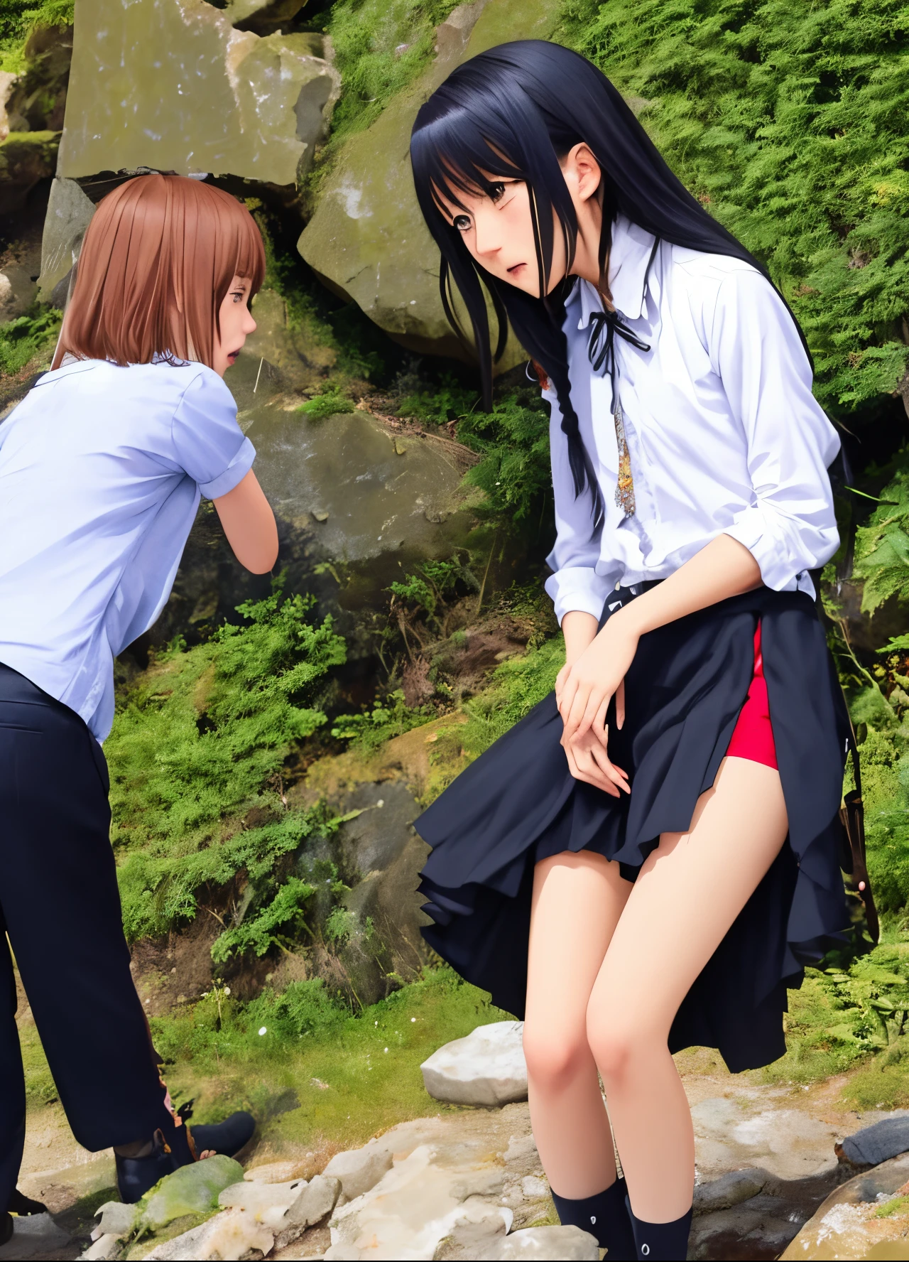 masterpiece, best quality, ultra-detailed, 2girls, (bottomless:1.5), navel, (pussy line:1.5), nudist japanese temple.