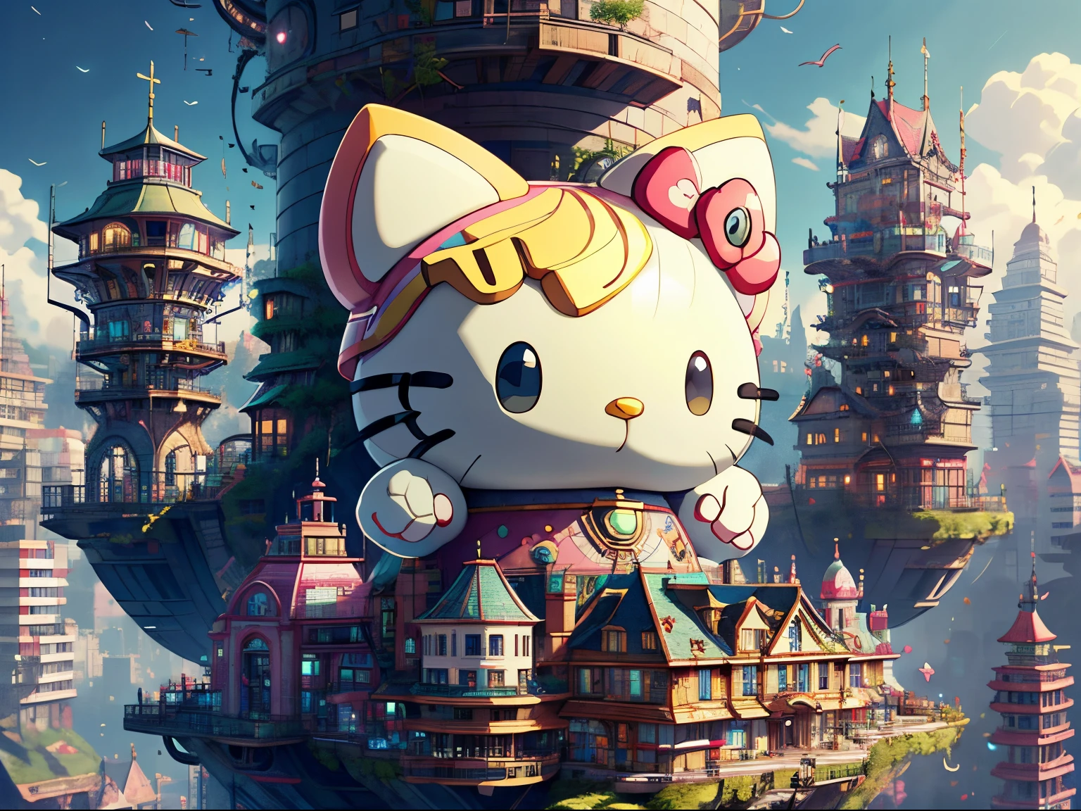 best quality, 4K wallpaper, masterpiece, extremely detailed CG unity 8k wallpaper, extremely detailed eyes, ultra-detailed, intricate details, h1c4tt3ch, utopian city, no humans, hello kitty