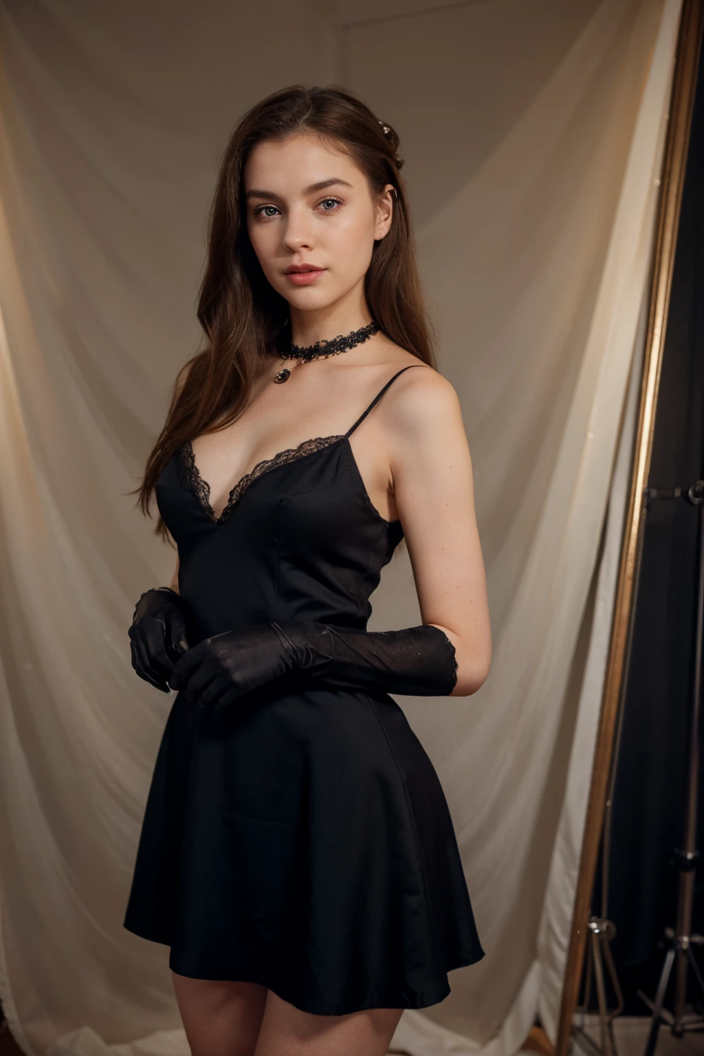 European girl with brown hair, blue eyes, long hair, beautiful face, pale face, beautifully styled hair, thin lips, rosy cheeks, stands full length in a photo studio on a dark background in a little black dress in the Coco Chanel style, beautiful neckline, dress 50s style, pearl dyeing on the neck, long black gloves on the hands, sophisticated sexy black dress with lace, sophisticated 50s chic, 50s style photo shoot dress with lace, pearl necklace on the neck