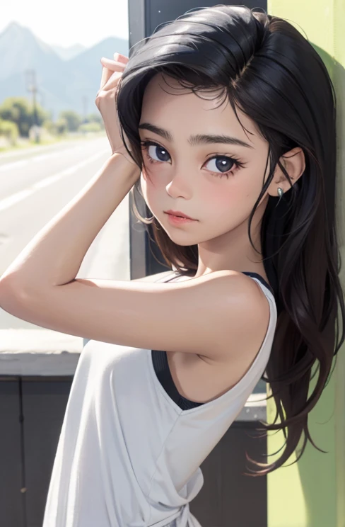 Chica con ropa de verano, Tiro superior,((Selfie)), brown eyes, cabello rubio, fondo aleatorio, besar, Beautiful, senos medianos, mirada coqueta, ((muy detallado)), (Cara perfectamente detallada), (Mano bien detallada), Imagen fotorrealista.