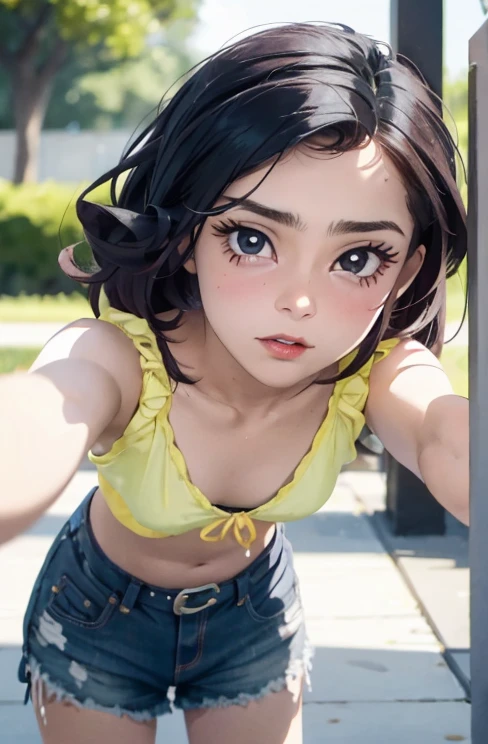 Chica con ropa de verano, Tiro superior,((Selfie)), brown eyes, cabello rubio, fondo aleatorio, besar, Beautiful, senos medianos, mirada coqueta, ((muy detallado)), (Cara perfectamente detallada), (Mano bien detallada), Imagen fotorrealista.