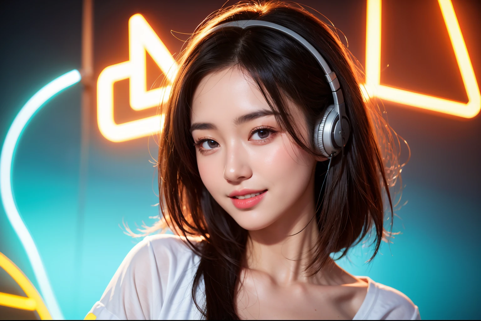 1girl, beautiful girl, perfect face, wink right eye,wearing headphone, , listining to music, neon background, tight cotton shirt, slim body, wide chest open, big breast, body photo:1.2, smile, 8k, uhd, high resolution photo, masterpiece, high quality photo,