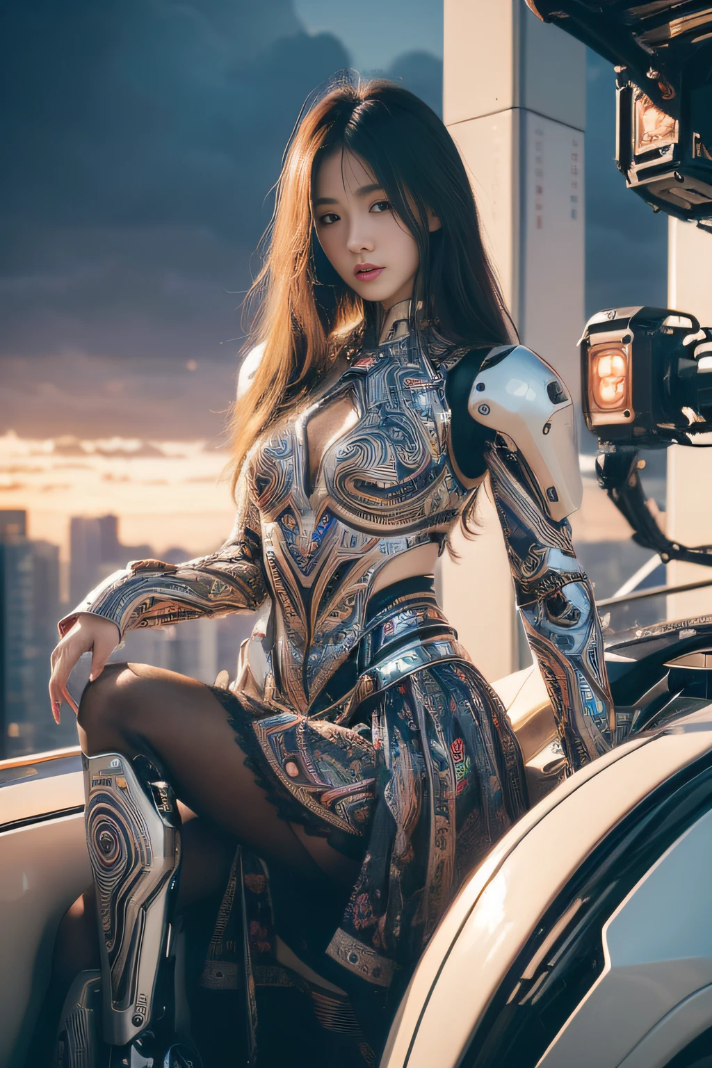 Asian Beauty Photography，Model figure，Top fashion magazine blockbuster composition，Cool Girl，Dynamic composition，Luminous Tulle，Layered translucent airbag structure、Surrealism，Titanium alloy curved clothing，Minimalist shadows in a surreal landscape， Dynamic rendering，European mythology，The Birth of Vilas，Ray Tracing，Three-dimensional，Central Hierarchy，Light and Shadow，Octane Rendering，Unreal Engine，digital modeling，Lin Fengmian，James Turrell，Zaha Hadid，Close-up of face，