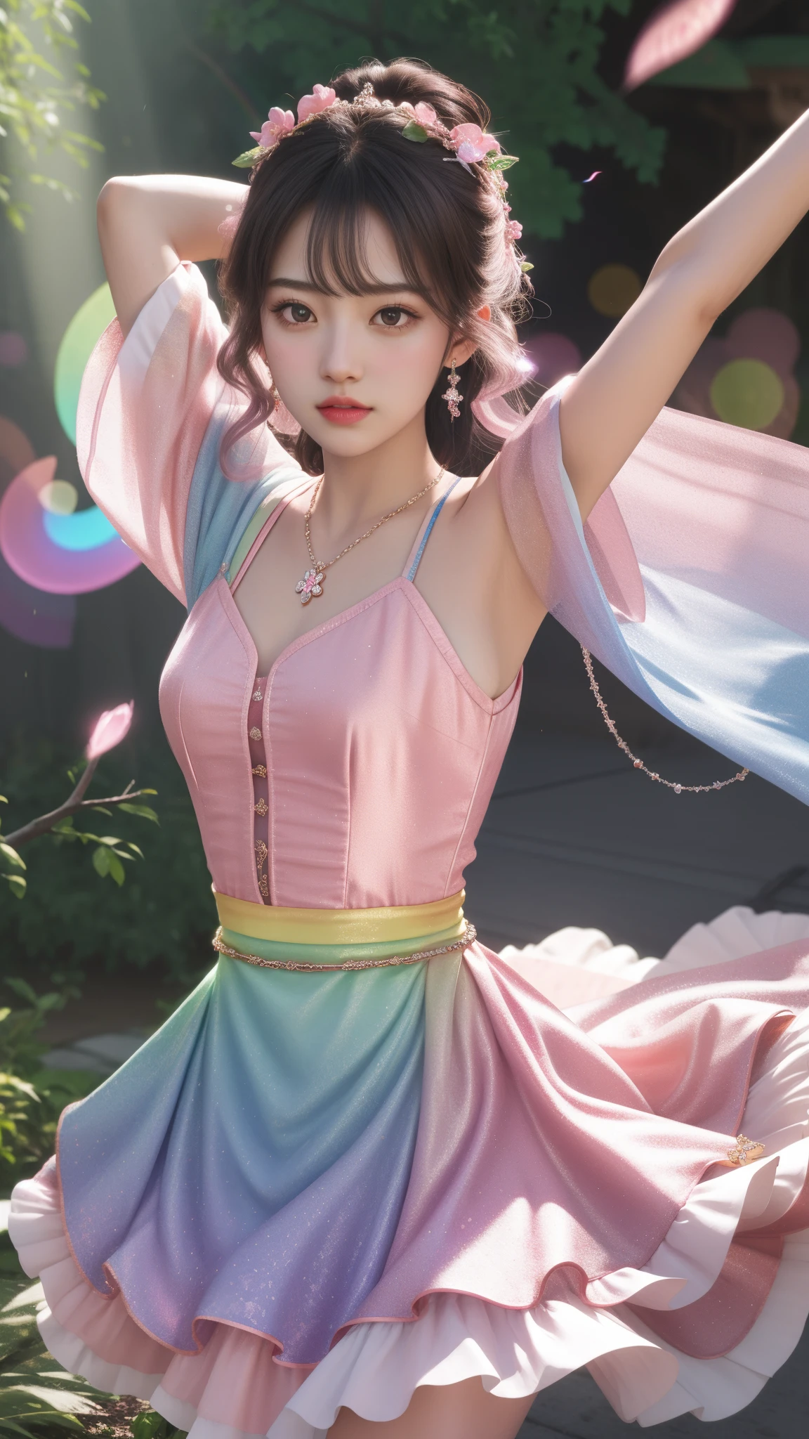 a girl, detailed hair, detailed eyes, shy, facial hair, clover hair ornament, jeweled branch of hourai, jewelry, light blush, light blush, musical note hair ornament, dark rainbow dress, princess dress, rainbow highlight, glowing light, ray tracing, bloom, chromatic aberration abuse, motion blur, 4K, UHD, masterpiece, dancing poses,