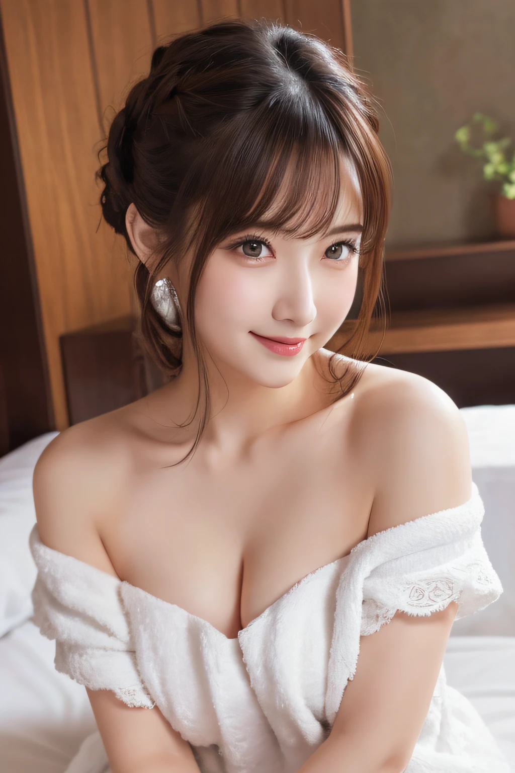 masutepiece, Best Quality, Illustration, Ultra-detailed, finely detail, hight resolution, 8K Wallpaper, Perfect dynamic composition, Beautiful detailed eyes, Off shoulder dress,Medium Hair, mid-chest, Natural Color Lip, Random and sexy poses,Smile,on the bed,Cute、bath towels