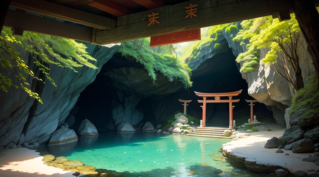 sacred cave, clear water, torii