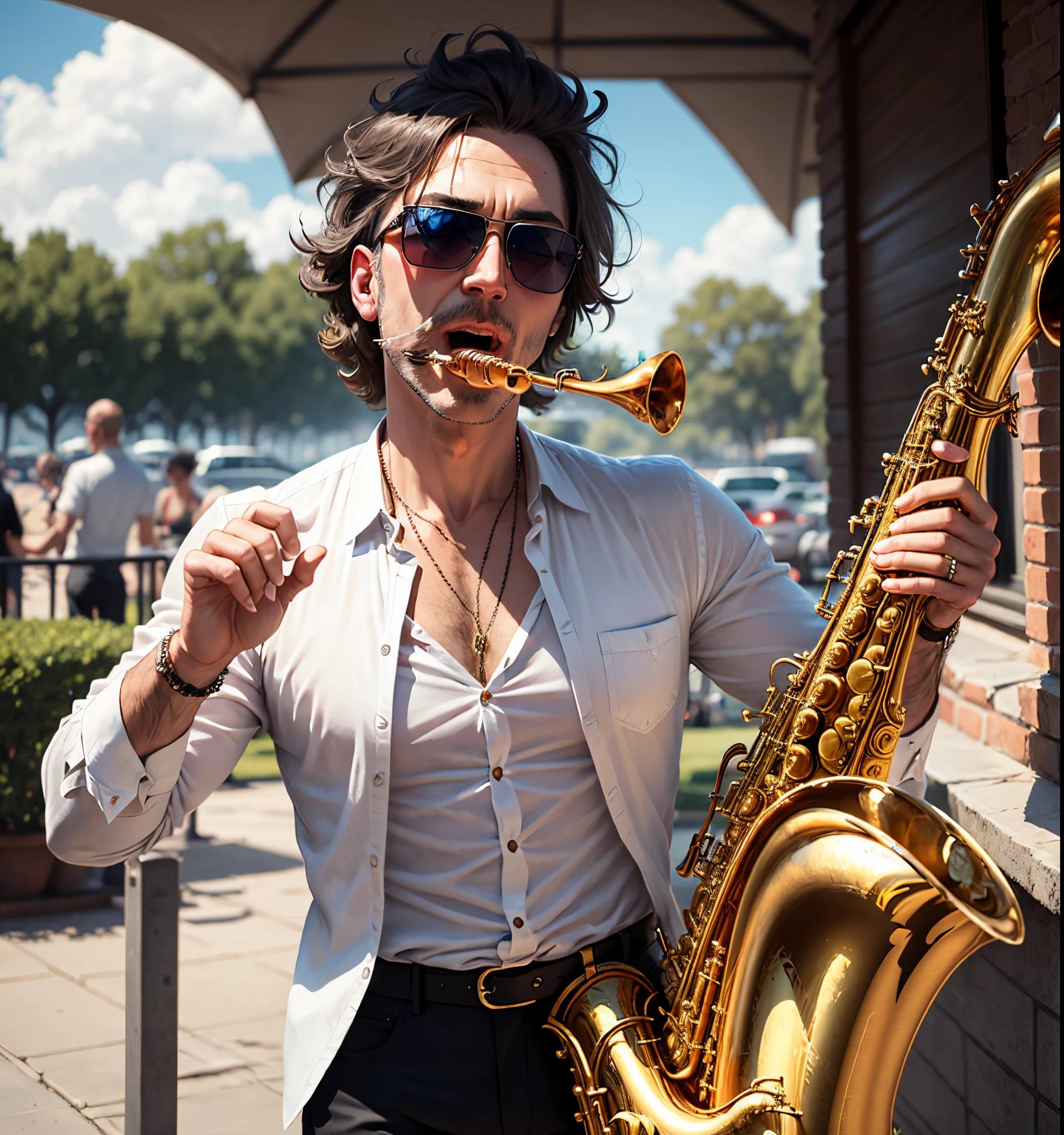 Papa Nihil playing saxophone while wearing sunglasses