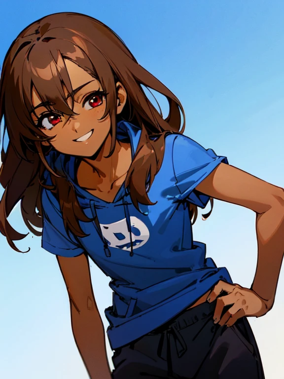 (((Dark skin))),otokonoko, cute,(1 beautiful boy) long dark brown hair, red eyes, (flat chested) wearing a blue t-shirt, long blue hoodie and black baggy pants, cute smile, close up, bright blue sky background,