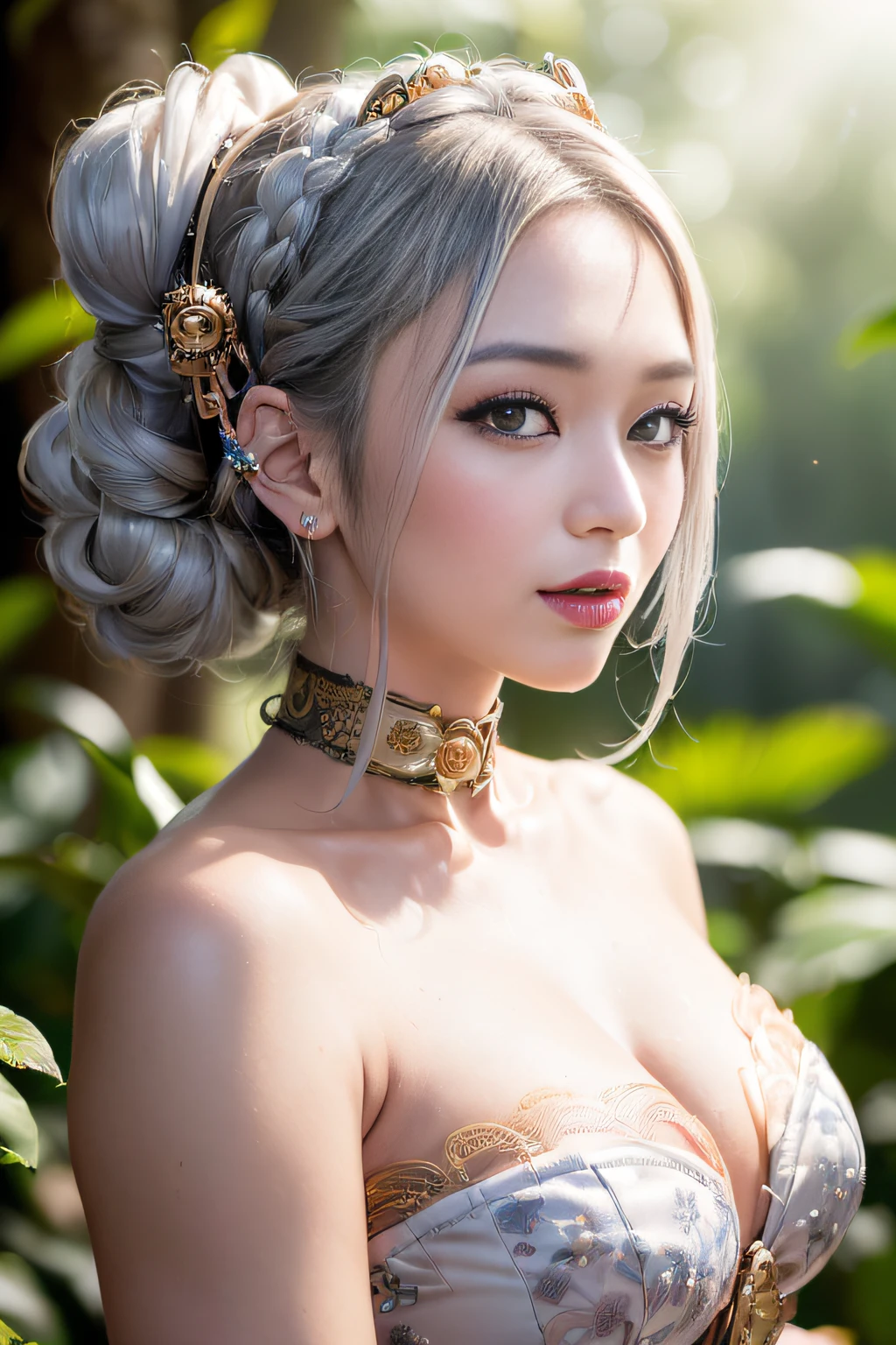 (ukiyoe painting:1.3),(3D Animation:1.3),(((king of steampunk:1.3)),(((Costume with intricate lace details))),(((Vibrant cosplay costumes of mythical creatures))),(((Animal ears))),(Sunbeams filtering through the leaves deep in a mysterious forest:1.3),(Make the subject look three-dimensional with the contrast of light and shadow),Cute and beautiful girl,Cute round face,Cute smile,with blush cheeks,Red Lip,(silver white hair,Floral braided headband,half up、Floral Braided Space Van,Voluminous Fishtail Braids,Twisted chignon,),(Bangs are see-through bangs),hair pin,hair adornments,detailed clothes features,Detailed hair features,detailed facial features,(Dynamic angles),(Dynamic and sexy poses),profetional lighting,Cinematic Light,(masutepiece,top-quality,Ultra-high resolution output image, depth of fields,) ,(32k quality,depth of fields,Anatomically accurate facial structure,),(Sea Art 2 Mode:1.3),(Image Mode Ultra HD,)