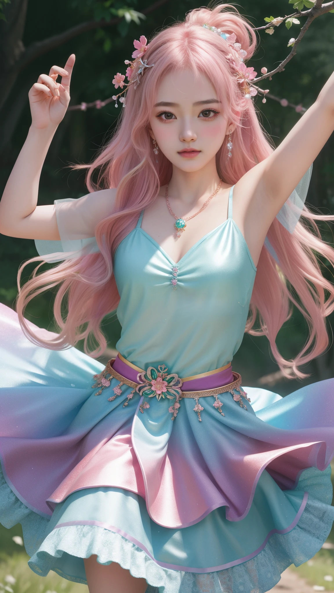 a girl, detailed hair, detailed eyes, shy, facial hair, clover hair ornament, jeweled branch of hourai, jewelry, light blush, light blush, musical note hair ornament, dark rainbow dress, princess dress, rainbow highlight, glowing light, ray tracing, bloom, chromatic aberration abuse, motion blur, 4K, UHD, masterpiece, dancing poses,