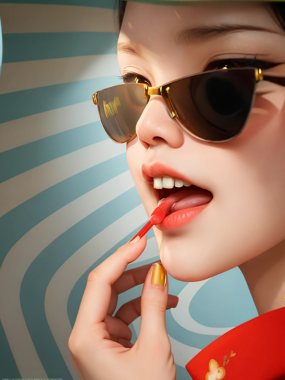There are some rice grains on the face,(actual, realistically:1.3),Best quality at best,tmasterpiece,ultra - detailed,lamplight,dynamic angle, sharp eyes,Best quality at best,8k wallpaper,Light yellow, There are grains of rice on the tongue,Hand holding yellow paper cup,Cool girl, Lips holding a thick straw,Upper part of the body, Change the background