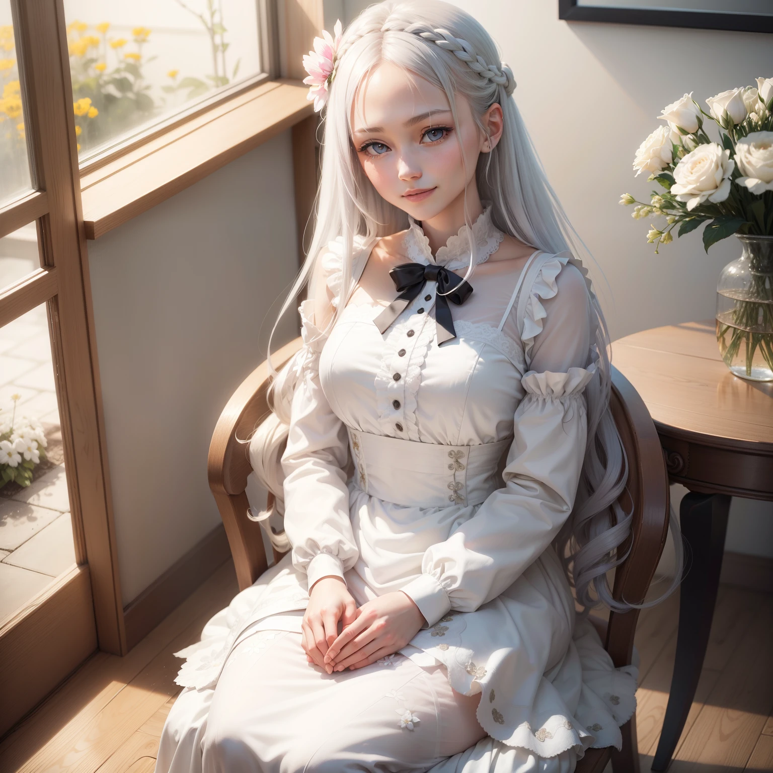 masutepiece, Superb Piece, Daytime, indoor,sit a chair, Falling flowers, White Dress, 1 girl, A perfect woman, Woman with silver and white long hair, gray blue eyes, pale pink lips, Cold, Serious, Bang, Purple eyes, White clothes, black closing line, Delicate face, Exquisiteface, Standing Bow, tassels, Happiness knot, Smile