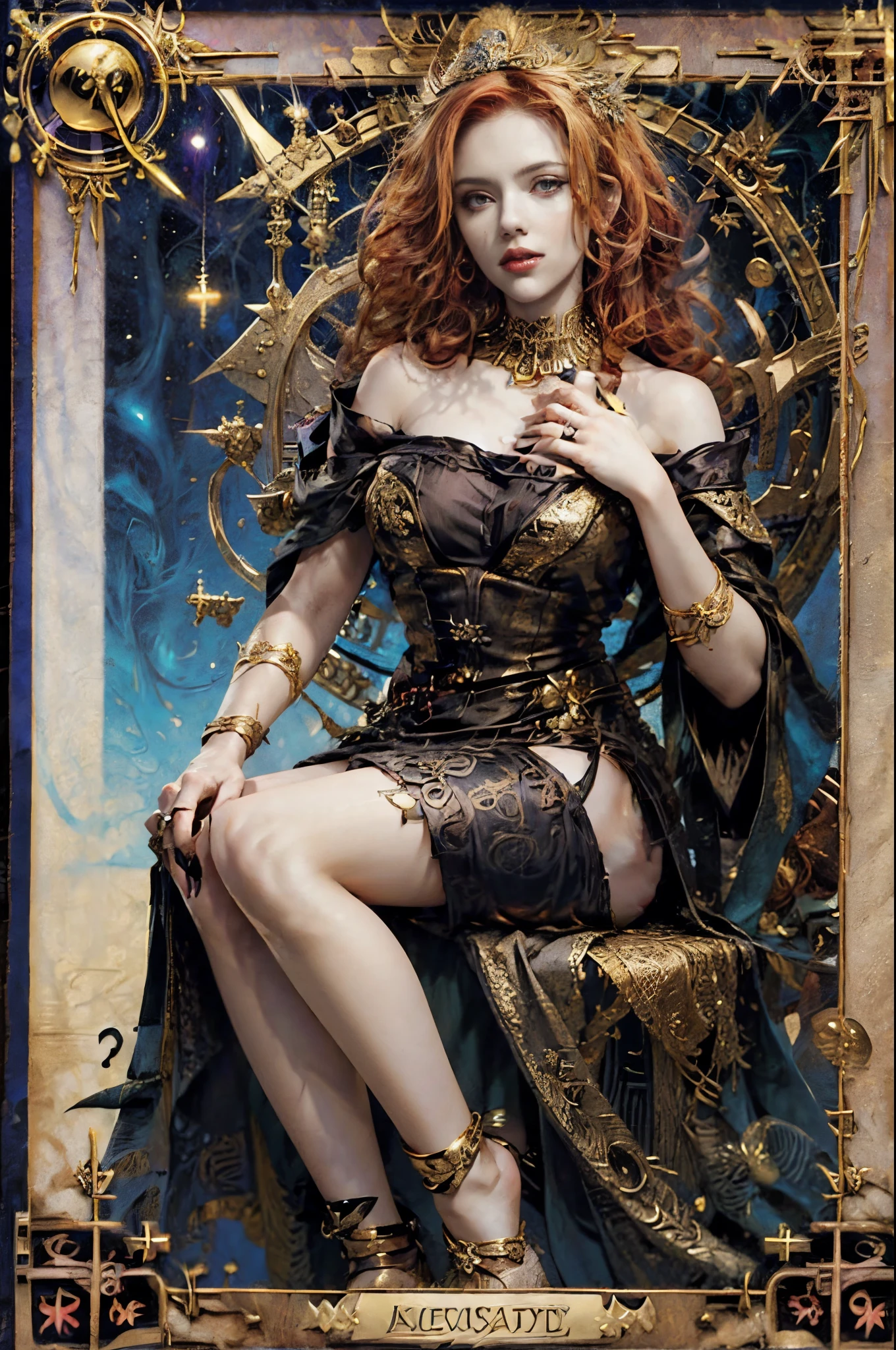 tarot cards，Full tarot border，(Image surrounded by tarot card style border:1.8), ，hades，The Grim Reaper armed with a giant scythe，(by scarlett johansson （Scarlett Johansson）Play）dressed in：black toga，with curly red hair，Roman mythology，8k wallpaper,Eyes of good quality，delicated face，correct hand， ultra - detailed, Beautiful and beautiful, tmasterpiece, Best quality at best, The is very detailed, dynamic angle, cow boy shooting, Chaos in its most beautiful form, Elegant, Fauvistdesign, Vibrant colors, romanticism lain, hell,  volcanoes，magma，skulls, bloods，Schiller，Scythe in hand，vintagestyle，（tangled，datura，Tangles，entangled）， (s fractal art: 1.3)，divinelight，gold foil，Gold leaf art，Flash drawing，Full tarot border，（full bezel 1.5），Fang Yi，（border centered：1.8）