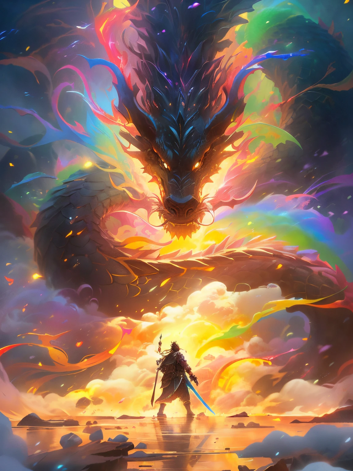 a close up of a person standing in front of a dragon, epic fantasy digital art style, Chuanghui Digital Fantasy Art, Epic fantasy art style HD, Epic fantasy art style, Dragon Art, fantasy art style, rossdraws cartoon vibrant, epic fantasy illustration, Colorful concept art, epic digital art illustration, author：Hero, epic dragon, Beautiful Art Ultra HD 4K