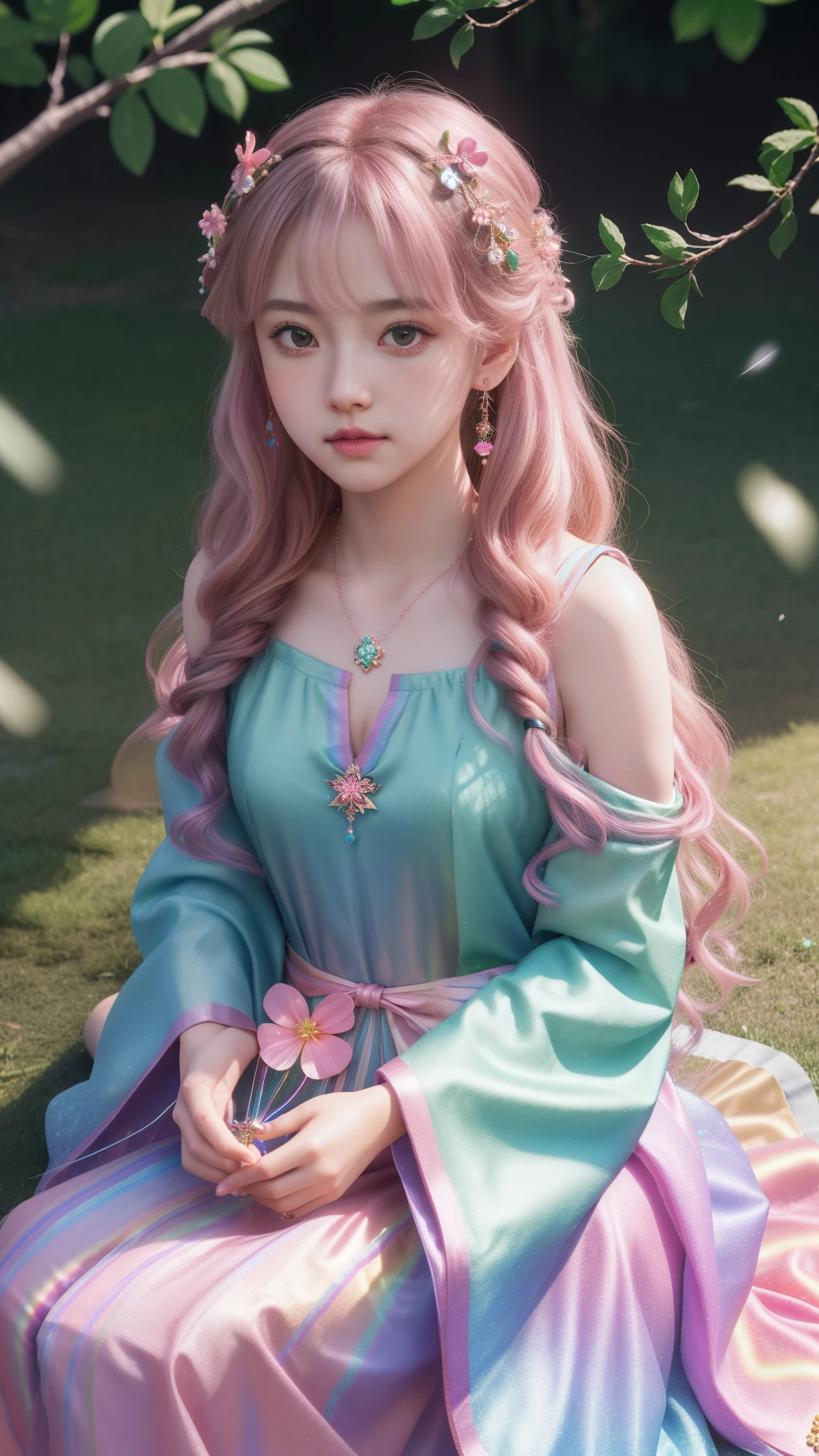 a girl, detailed hair, detailed eyes, shy, facial hair, clover hair ornament, jeweled branch of hourai, jewelry, light blush, light blush, musical note hair ornament, dark rainbow dress, princess dress, rainbow highlight, glowing light, ray tracing, bloom, chromatic aberration abuse, motion blur, 4K, UHD, masterpiece, sitting,