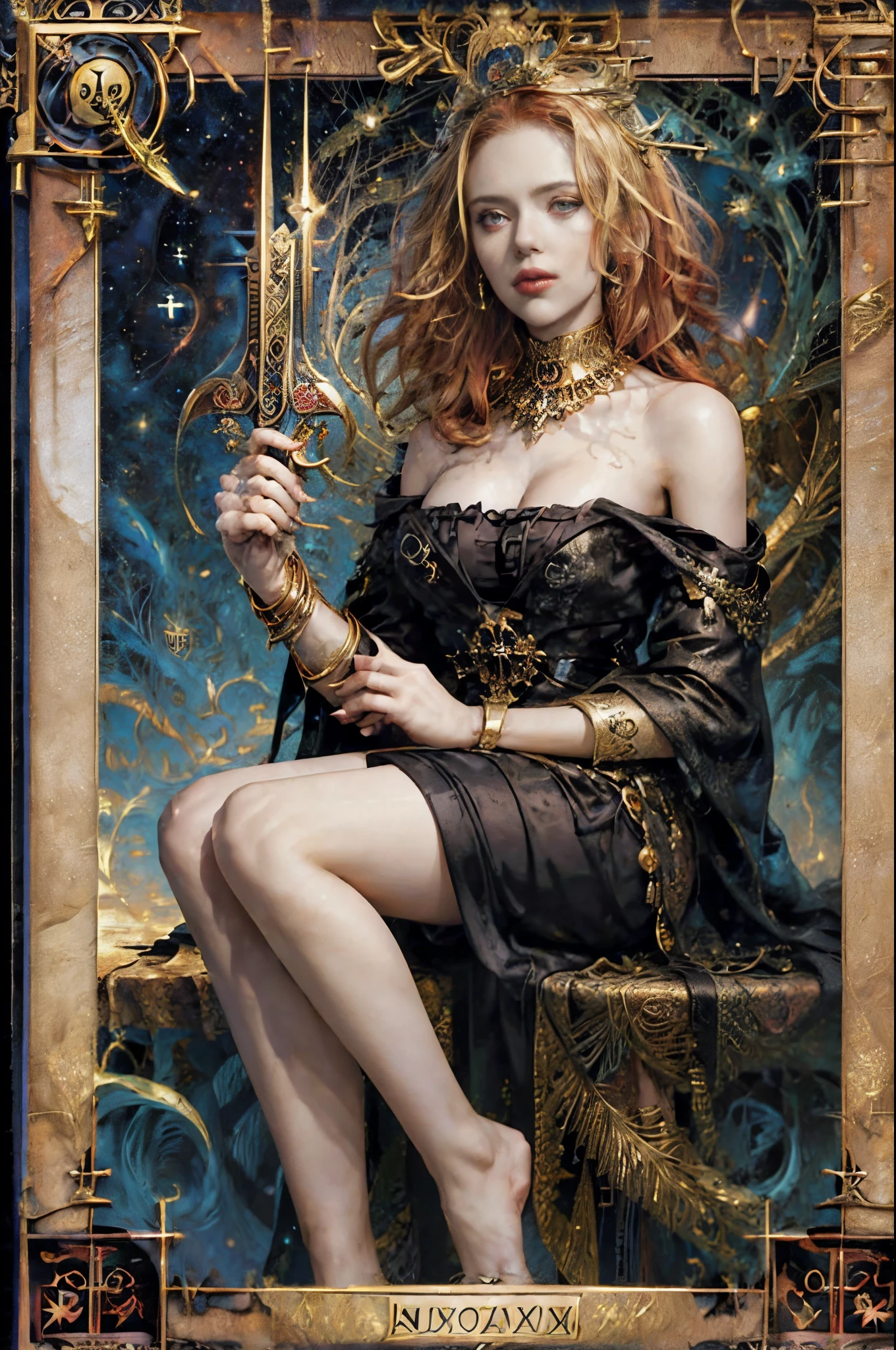 tarot cards，Full tarot border，(Image surrounded by tarot card style border:1.8), ，hades，The Grim Reaper armed with a giant scythe，(by scarlett johansson （Scarlett Johansson）Play）dressed in：black toga，with curly red hair，Roman mythology，8k wallpaper,Eyes of good quality，delicated face，correct hand， ultra - detailed, Beautiful and beautiful, tmasterpiece, Best quality at best, The is very detailed, dynamic angle, cow boy shooting, Chaos in its most beautiful form, Elegant, Fauvistdesign, Vibrant colors, romanticism lain, hell,  volcanoes，magma，skulls, bloods，Schiller，Scythe in hand，vintagestyle，（tangled，datura，Tangles，entangled）， (s fractal art: 1.3)，divinelight，gold foil，Gold leaf art，Flash drawing，Full tarot border，（full bezel 1.5），Fang Yi，（border centered：1.8）