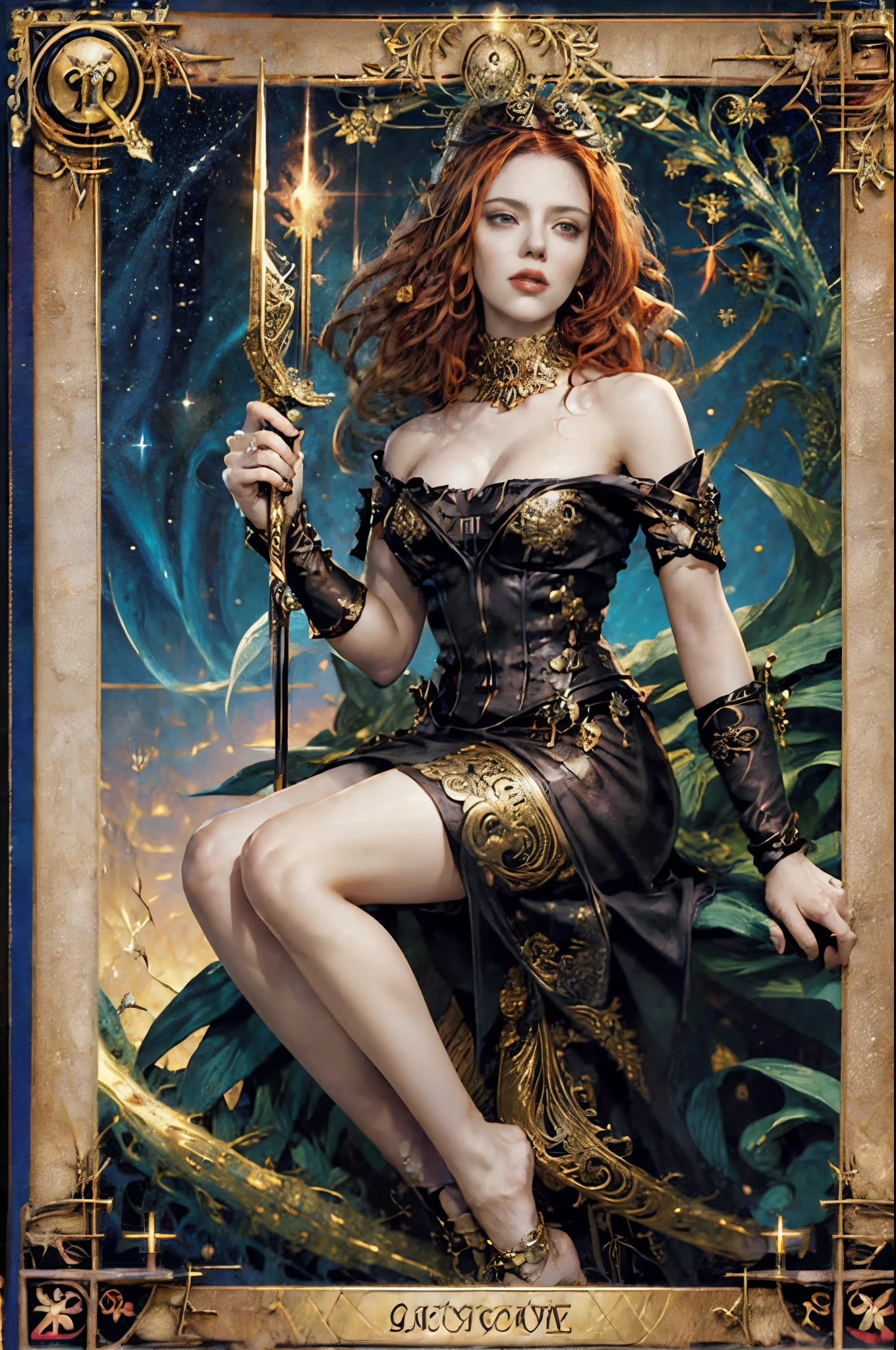 tarot cards，Full tarot border，(Image surrounded by tarot card style border:1.8), ，hades，The Grim Reaper armed with a giant scythe，(by scarlett johansson （Scarlett Johansson）Play）dressed in：black toga，with curly red hair，Roman mythology，8k wallpaper,Eyes of good quality，delicated face，correct hand， ultra - detailed, Beautiful and beautiful, tmasterpiece, Best quality at best, The is very detailed, dynamic angle, cow boy shooting, Chaos in its most beautiful form, Elegant, Fauvistdesign, Vibrant colors, romanticism lain, hell,  volcanoes，magma，skulls, bloods，Schiller，Scythe in hand，vintagestyle，（tangled，datura，Tangles，entangled）， (s fractal art: 1.3)，divinelight，gold foil，Gold leaf art，Flash drawing，Full tarot border，（full bezel 1.5），Fang Yi，（border centered：1.8）