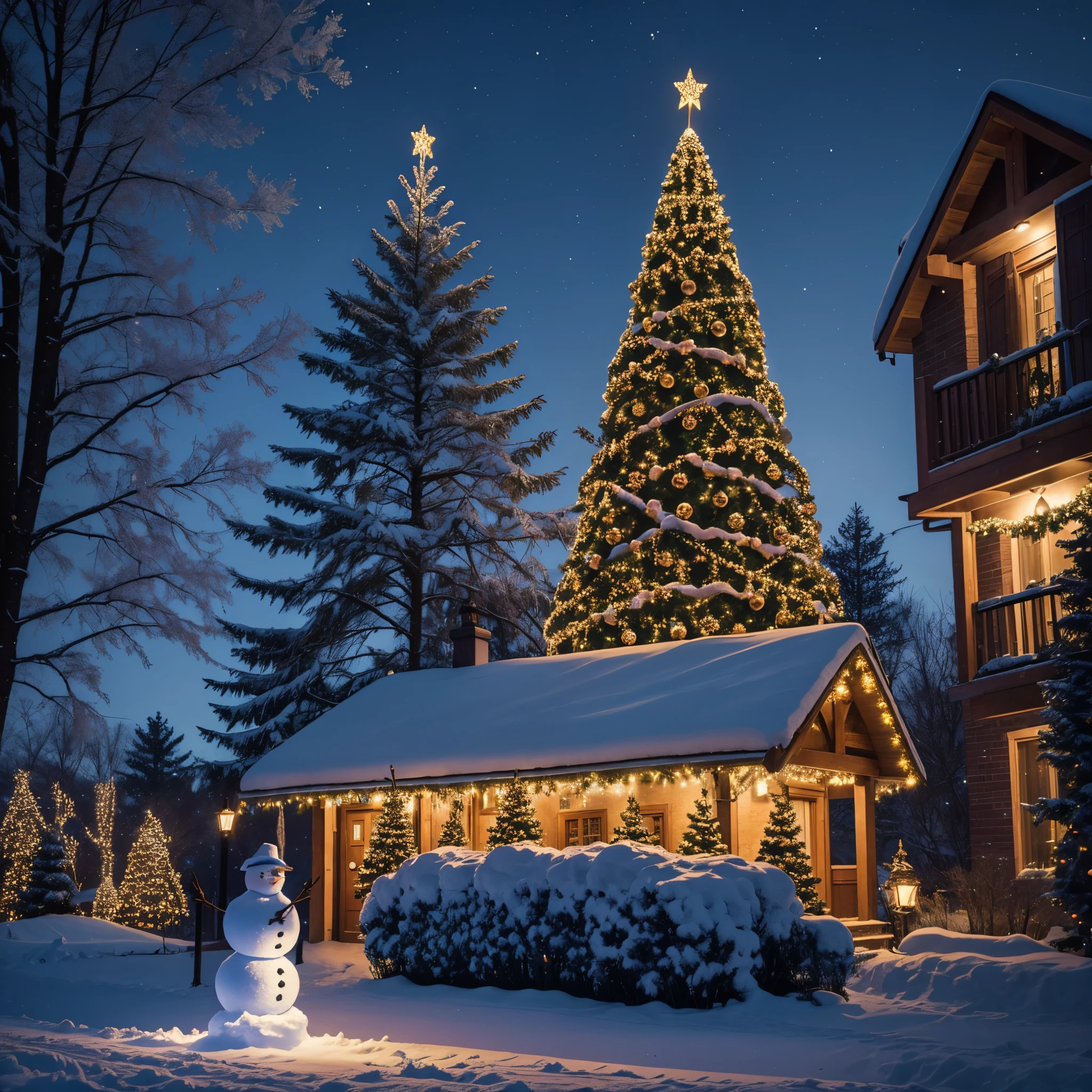 Magical Christmas night scene, Christmas trees, Christmas lights, night, beautiful magical, picturesque, snowman waving