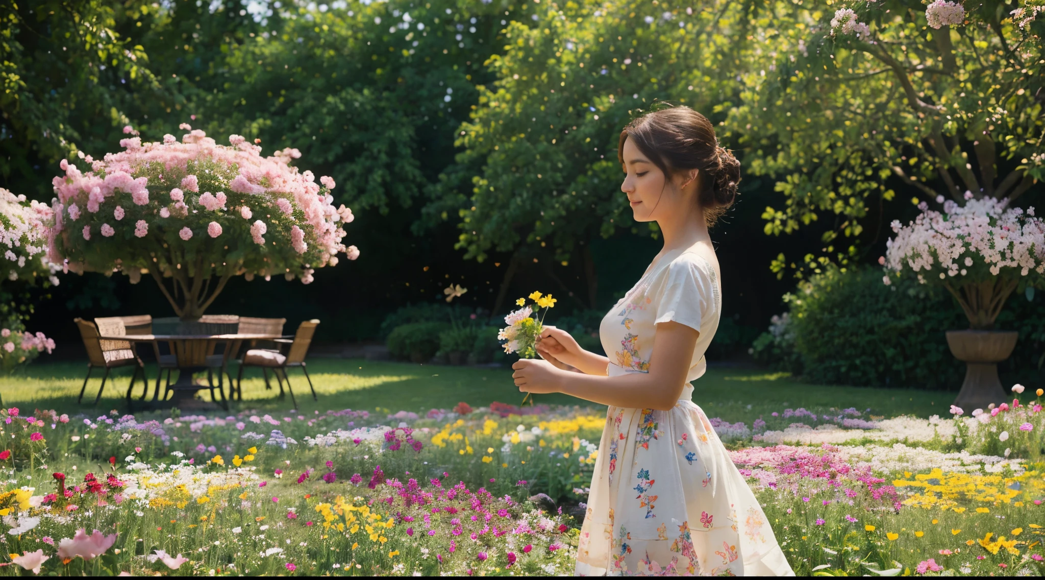 girl picking flowers in a colorful garden,in the style of impressionist painting,dancing sunlight and soft shadows,vibrant colors,beautiful blossoms,butterflies fluttering around her,delicate brushwork,joyful and lively atmosphere,(best quality,4k,highres,masterpiece:1.2),ultra-detailed,soft and dreamy lighting