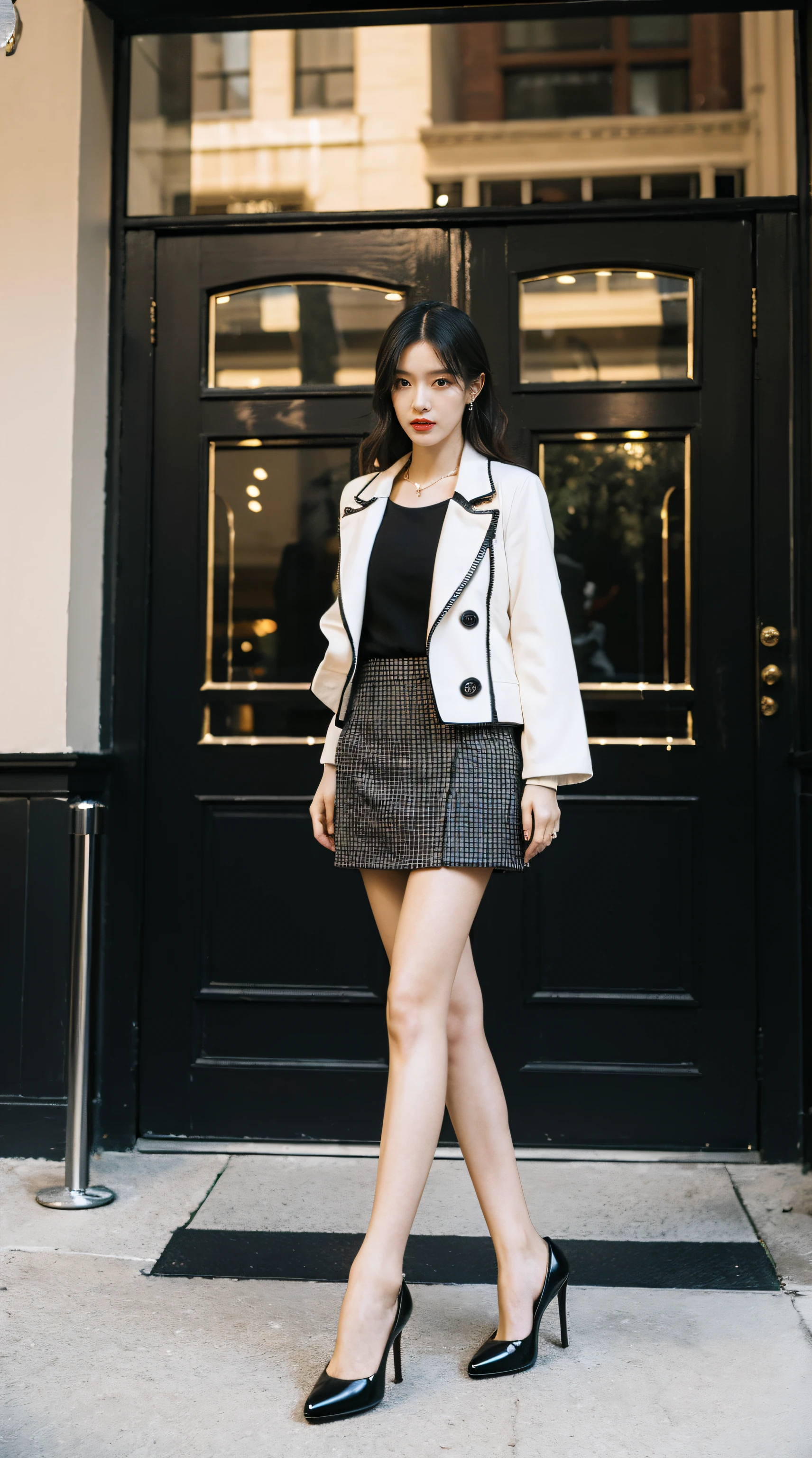 Best quality at best,tmasterpiece,超高分辨率,(realness:1.4),RAW photogr,hyper HD,8K,There is one girl,Stylish clothes,Chanel style,Stylish skinny suit, wearing jacket and skirt,high-class fashion,ellegance, White and black clothes, short skirt and a long jacket, black pantyhoses,best selling, high-heels