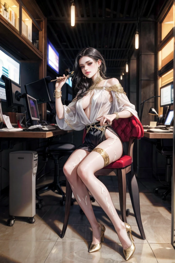 (top-quality, masterpiece: 1.1), 1girl in, The whole body from head to toe, under the company office lights、Beautiful 35 year old office woman sitting with legs spread on a chair., Costumes with a lot of exposed skin, Bewitching waist, sexypose, Looking at the camera, Business suits, Costumes with a wide open chest, Tback panty, No bra, OL, Nipple protrusions reflected in a thin blouse, Crystal clear white skin, Gold accessories on hands and feet, sweat all over, Black stockings, high-heels,,a large amount of semen,sex,Metamorphosis,cum shots,Stick out your tongue and rejoice