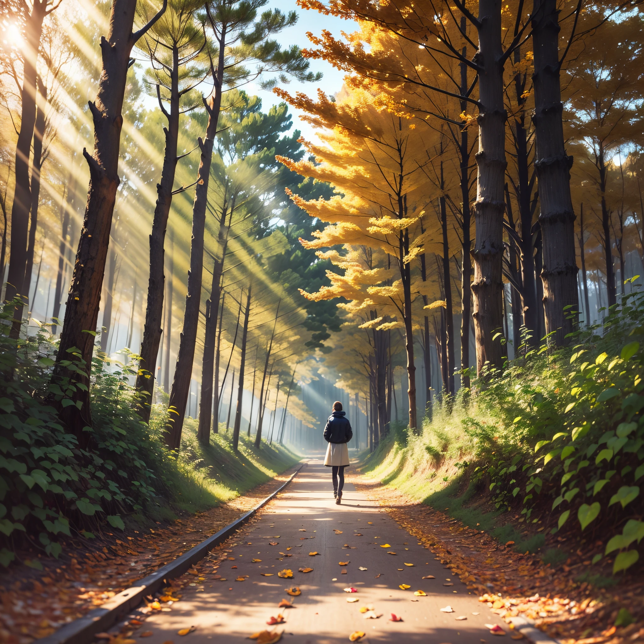Beautiful and poetic nature, the sun shines through the shoulders on the dry leaves on the ground --auto --s2