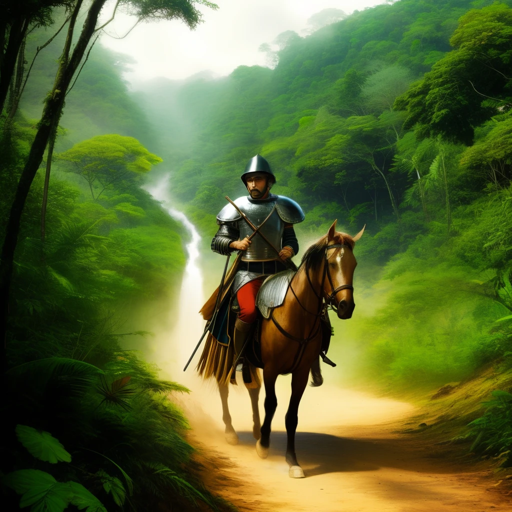 A Spanish conquistador in leather armor, in the Amazon rainforest, leading his men through the lush, untamed landscape.