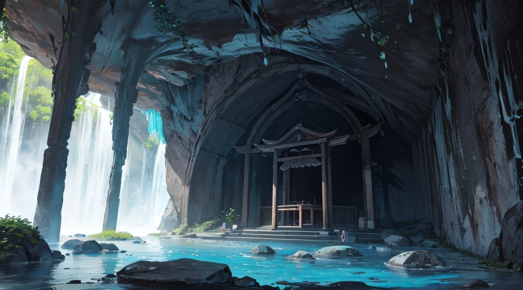 sacred cave, clear water, abandoned shrine