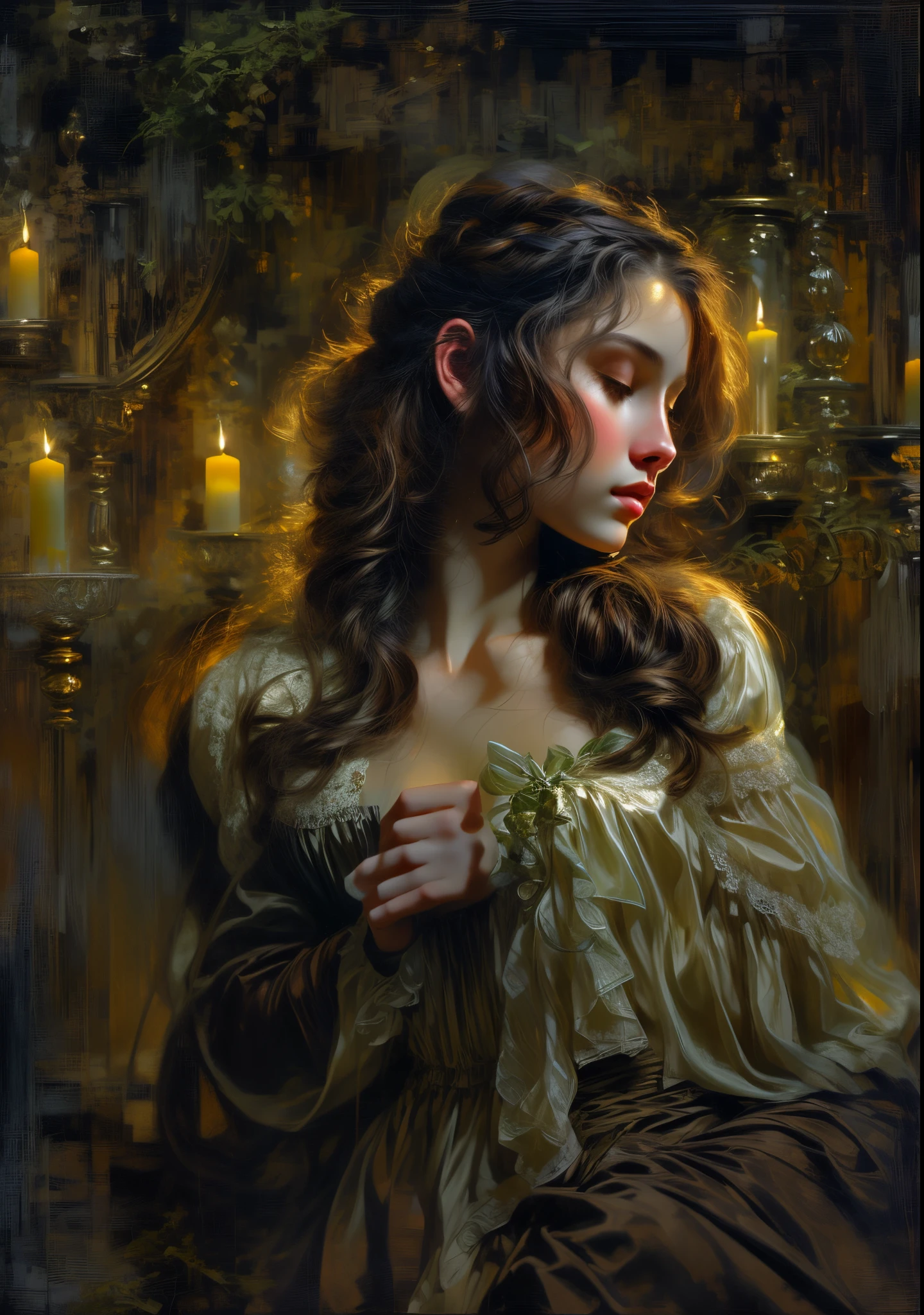 painting of a woman in a dress with a candle in the background, sultry digital painting, based on Bastien L.. Deharm, inspired by WLOP, based on Pierre-Auguste Cot, based on Roberto Ferri, renaissance digital painting, inspired by casey baugh, elegant digital painting, twilight ; Digital Oil Painting, Baroque digital painting