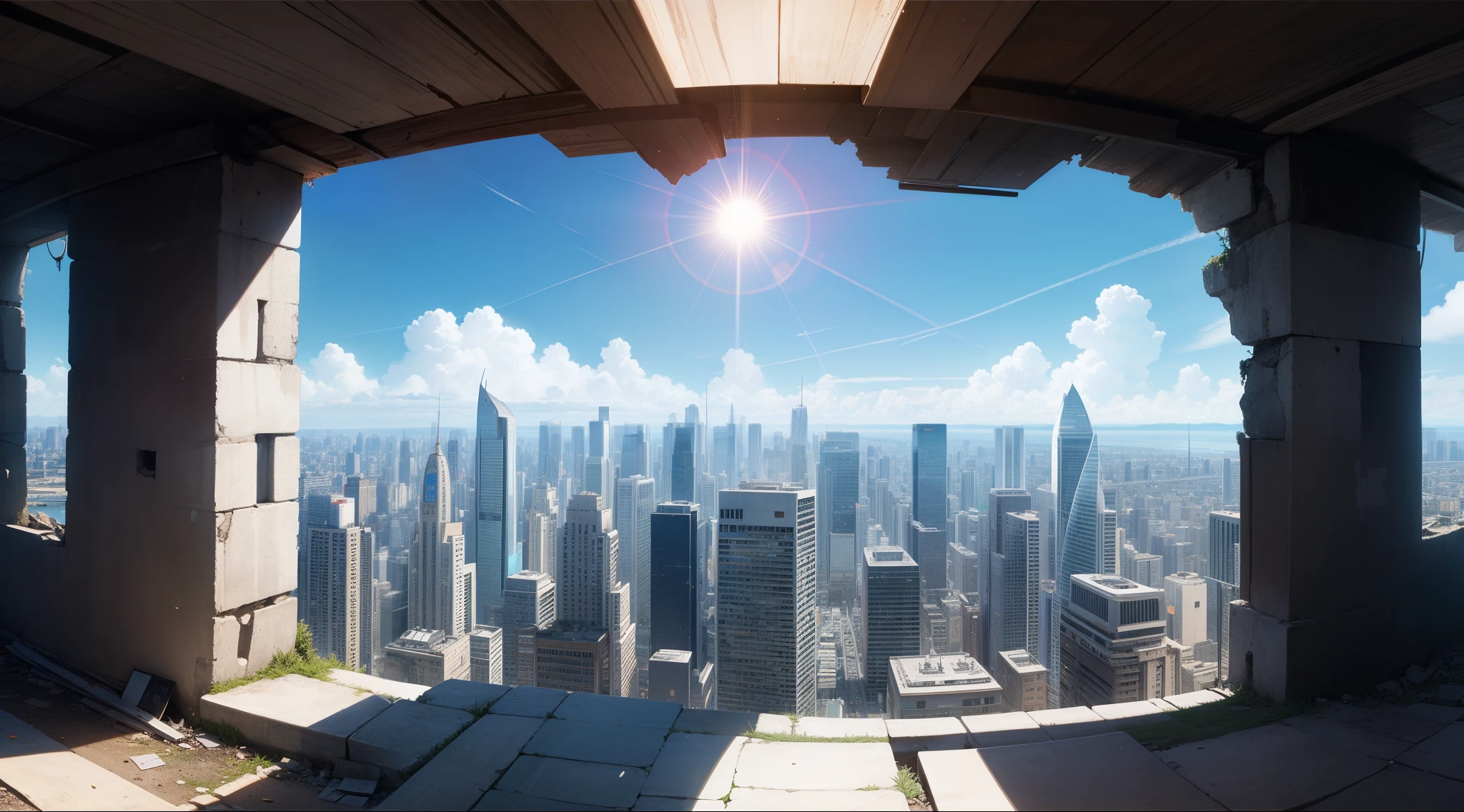 10 a.m，and the sun was shining brightly.meter，Abandoned cities，in a panoramic view，8K，hyper HD，Delicate and gorgeous face，Delicate and gorgeous hands