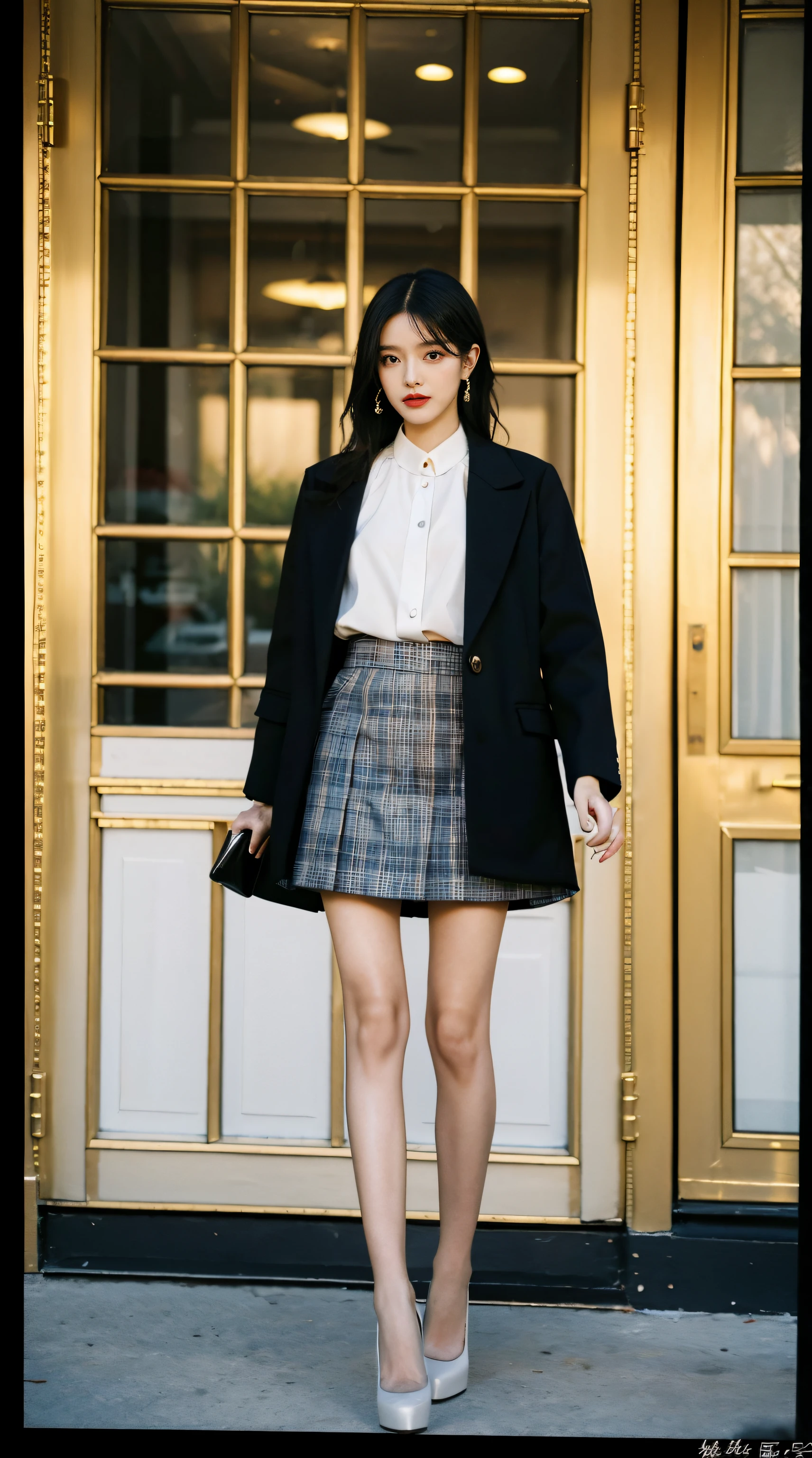 Best quality,tmasterpiece,超高分辨率,(realness:1.4),RAW photos,hyper HD,8K,There is one girl,Stylish clothes,Chanel style,Stylish skinny suit, wearing jacket and skirt,high-class fashion,ellegance, White and black clothes, short skirt and a long jacket, black pantyhoses,best selling, high-heels