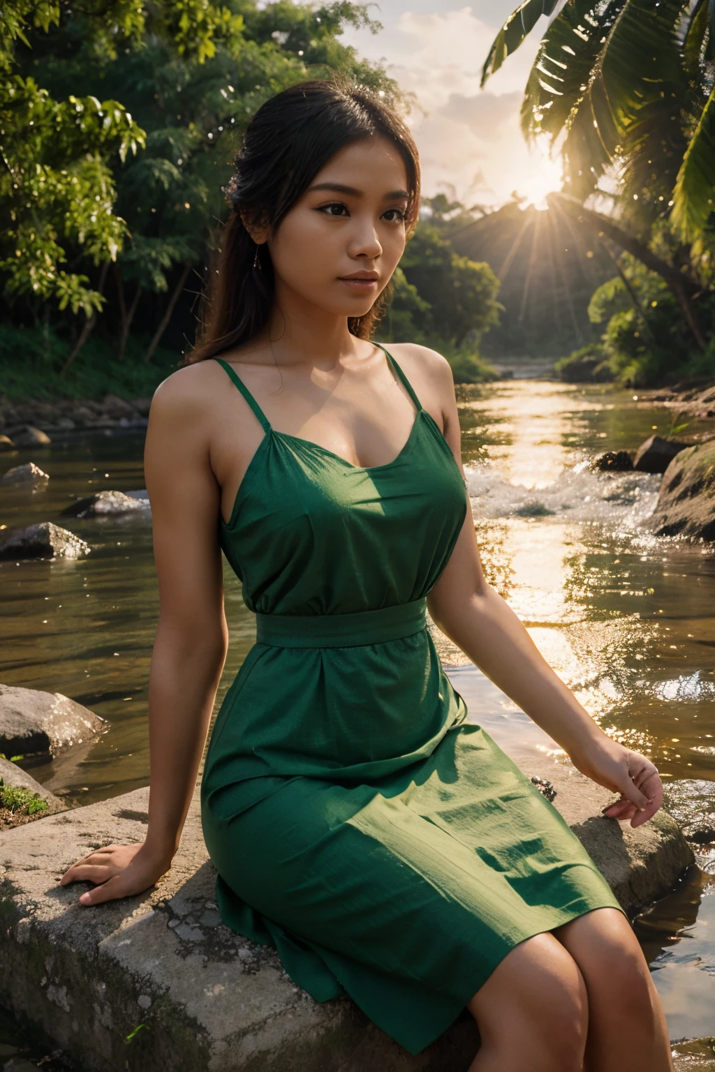 Create 64k photos of a tranquil forest scene at dusk. The forest is bathed in soft, gentle light. There are tall ancient trees. The leaves have a sparkling emerald green color. Low angle portrait. A young woman with a mix of Thai and American faces, beautiful, white skin, long brown hair. Slim, sexy figure, wearing a strapless Thai dress. , Thai sarong,   She sat gracefully beside the stream. Behind the quiet forest backdrop at dusk The forest was bathed in soft, gentle light. There were tall ancient trees with shimmering leaves. The glitter is emerald green and gold. A stream meanders through forest mildly