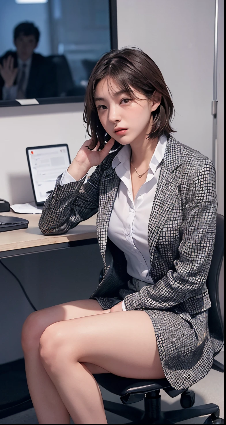 top-quality、hight resolution、ultra-detailliert、​masterpiece、Raw photography、realisitic、Photorealsitic、extremely delicate and beautiful、finely detail、Textured skin、(in office)、2 people,man and woman、japanese、22year old both、(((woman is office lady wearing casually office suits,man is businessman wearing suits)))、woman upskirt and Showing pink panties,detailed panties,detailed frilled panties showing,(((the man sitting on chair and woman riding on the man))),tall、Brown hair、wavy hair,short hair,Wearing makeup、(Bare legs:1.5)、perfectly proportions, ,sexual position where the man lies flat on his back and the woman sits on top, cowgirl position,spreading her legs,focus her thighs, from side,,Embarrassed face,(In a dark office at midnight)、((Midnight Dark Room)),having sex