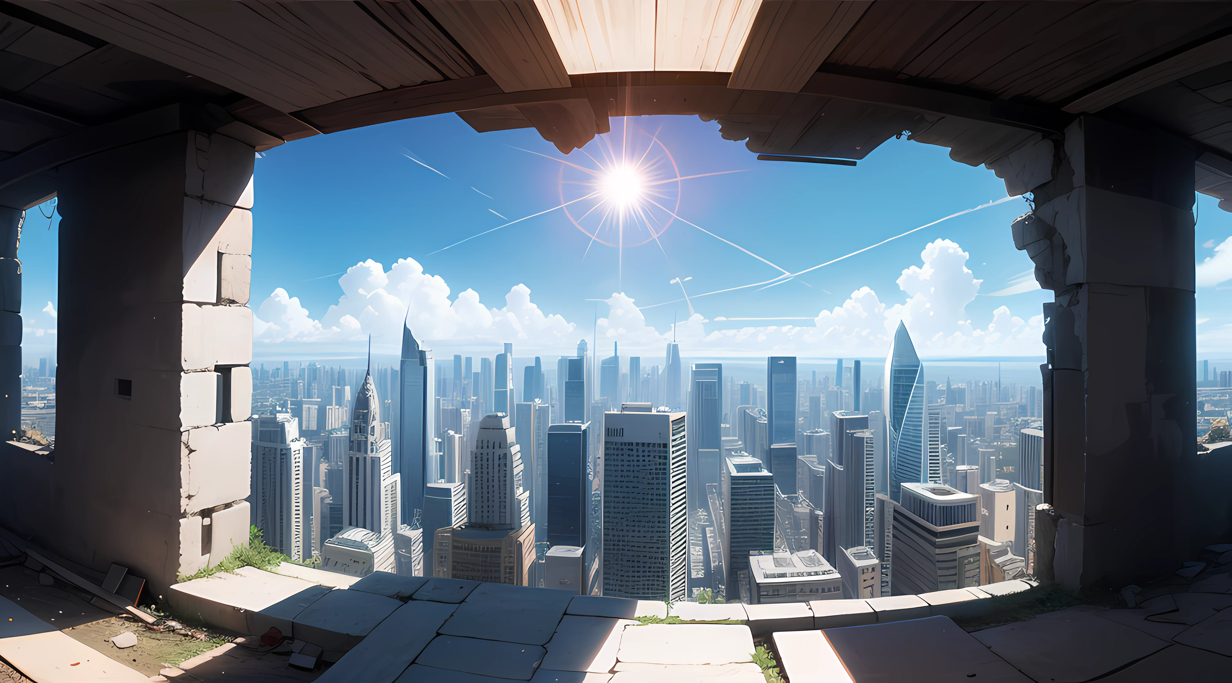 10 pcs.meter，and the sun was shining brightly.appearance，Abandoned cities，in a panoramic view，8K，hyper HD，Exquisite and gorgeous face，Slender and beautiful hands