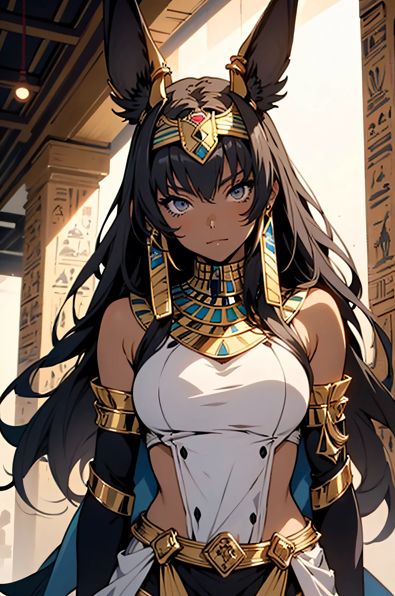 ((anime style)) 1girl ((female Anubis Egyptian goddess)), dark hair, ((brown skin)), Egyptian clothes, depth of field, vibrant colors, great pose, best quality, seductive eyes, full body, looking at viewer,