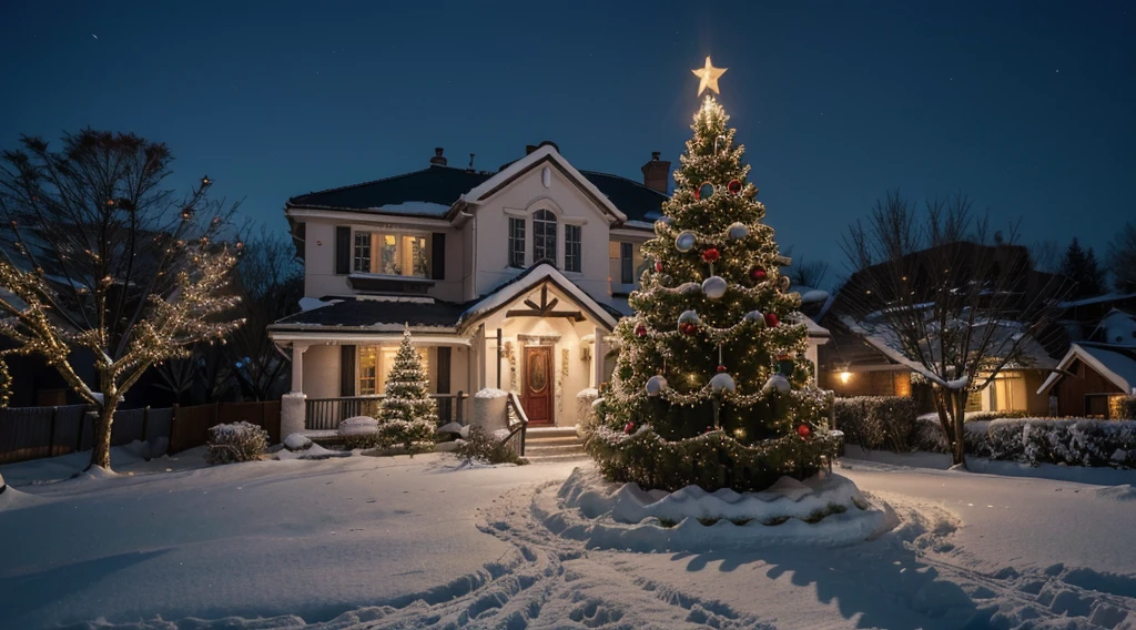 christmas tree. house with christmas decorations, beautiful night, snow drop, vibrant colors, joyful atmosphere, vector style, (best quality,4k,highres,masterpiece:1.2), soft and dreamy lighting