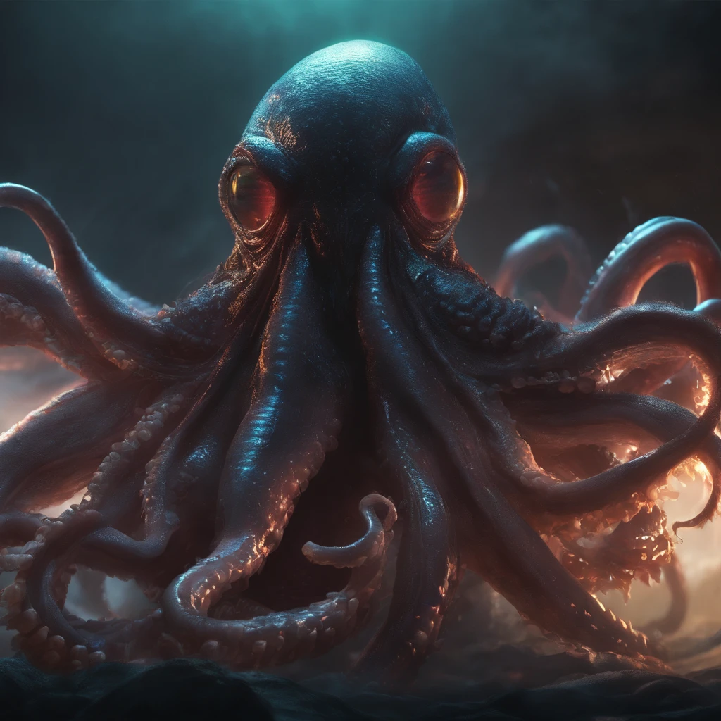 Giant octopus monster，Cthulhu in the Cthulhu Mythos，(glowing light eyes:1.5)，with her mouth open，dongquan，extremly high detail，High chiaroscuro，4K，unreal 5 render，Best quality，tmasterpiece，Rendered by Octane，Looking directly at，extremely dangerous，The huge body is shocking，The huge body is hidden in the deep sea，Only part of body exposed，ships sailing at sea，Lots of ships，(Hazy smoke:1.2)，Unable to see the whole body clearly，The horror of despair，The atmosphere is oppressive，The spectacle is spectacular，Hero holding sword，Fight back bravely,real  face