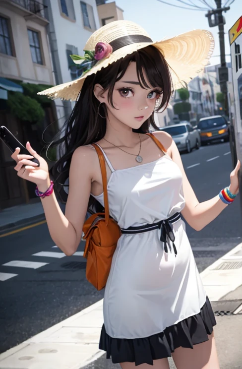 Chica con vestido blanco ligero de verano sexy , usando sombrero grande ,sandalias negras Tiro superior,((Selfie)), brown eyes, cabello largo, fondo aleatorio, besar, Beautiful, senos grandes , mirada coqueta, ((muy detallado)), (Cara perfectamente detallada), (Mano bien detallada), Imagen fotorrealista. , hermosa chica adolesente , 18yr old , lindo maquillaje , labios rojos , sombra de ojos azul , bolso a la moda , cuerpo completo , cabello de colores , cabello largo de arcoiris