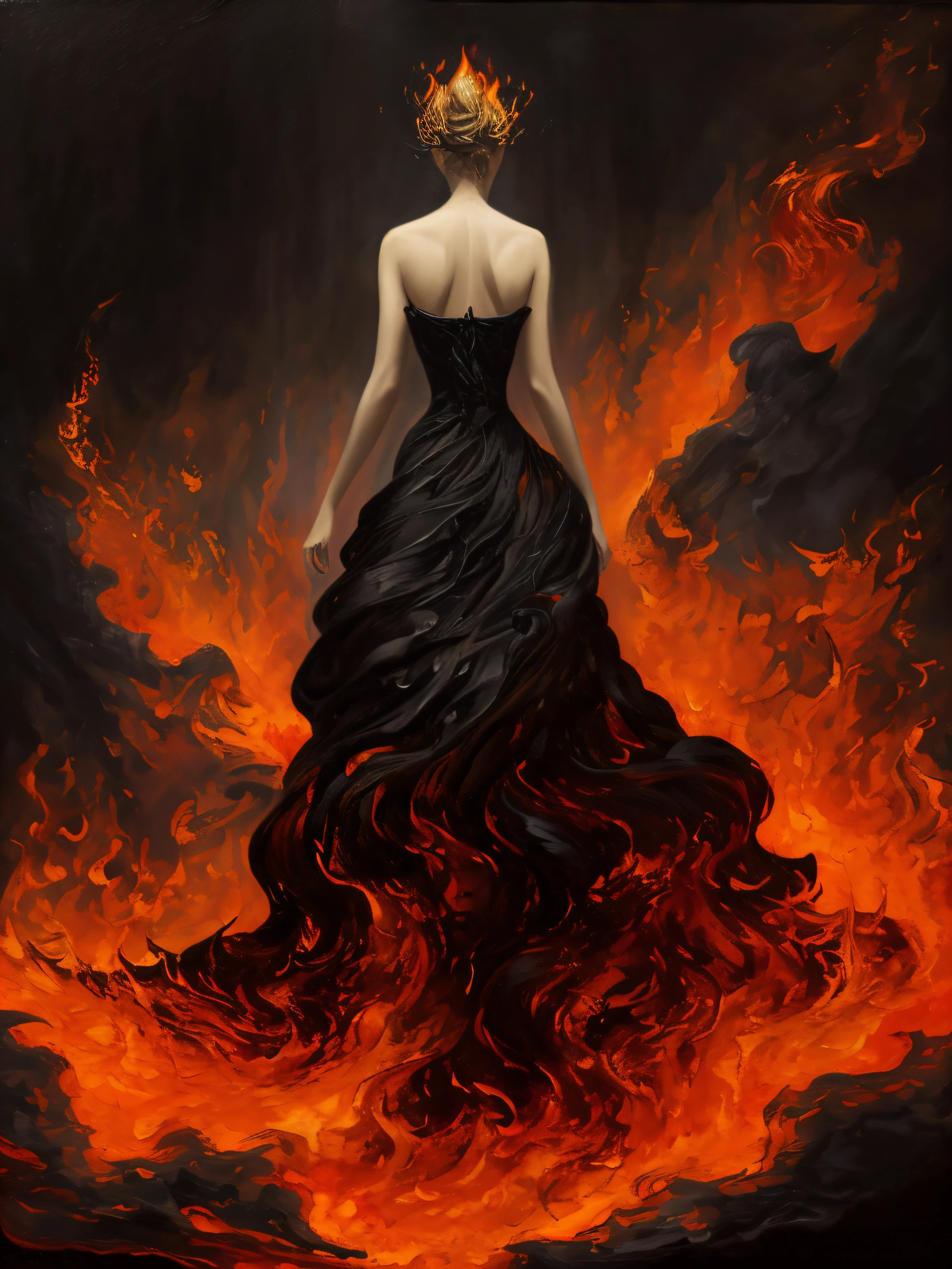The painting shows a woman wearing a black dress standing in the fire, dress made of fire, fire dress, woman made of black flames, Her body is made of fire, Out of the flames, flames surround her, Devoured by swirling flames, the fire goddess, Clad in flames, Fire Queen, standing in fire, Her hair is made of fire