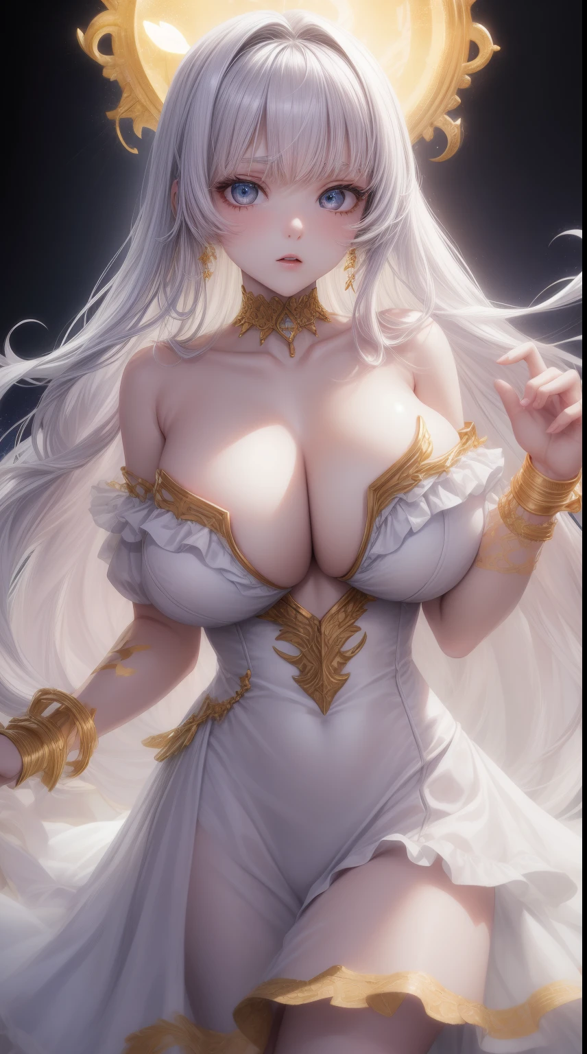 -yeld, gi white skin, pinky platinum hair, extremely long hair, white skintight princess dress with mesh fabric layered frills short skirt and bare shoulders,golden armlet, golden bracelet, golden collar, golden ring, extremely huge breast, 12-inch-waist,dynamic lighting, metals silver thigh ring on left thigh