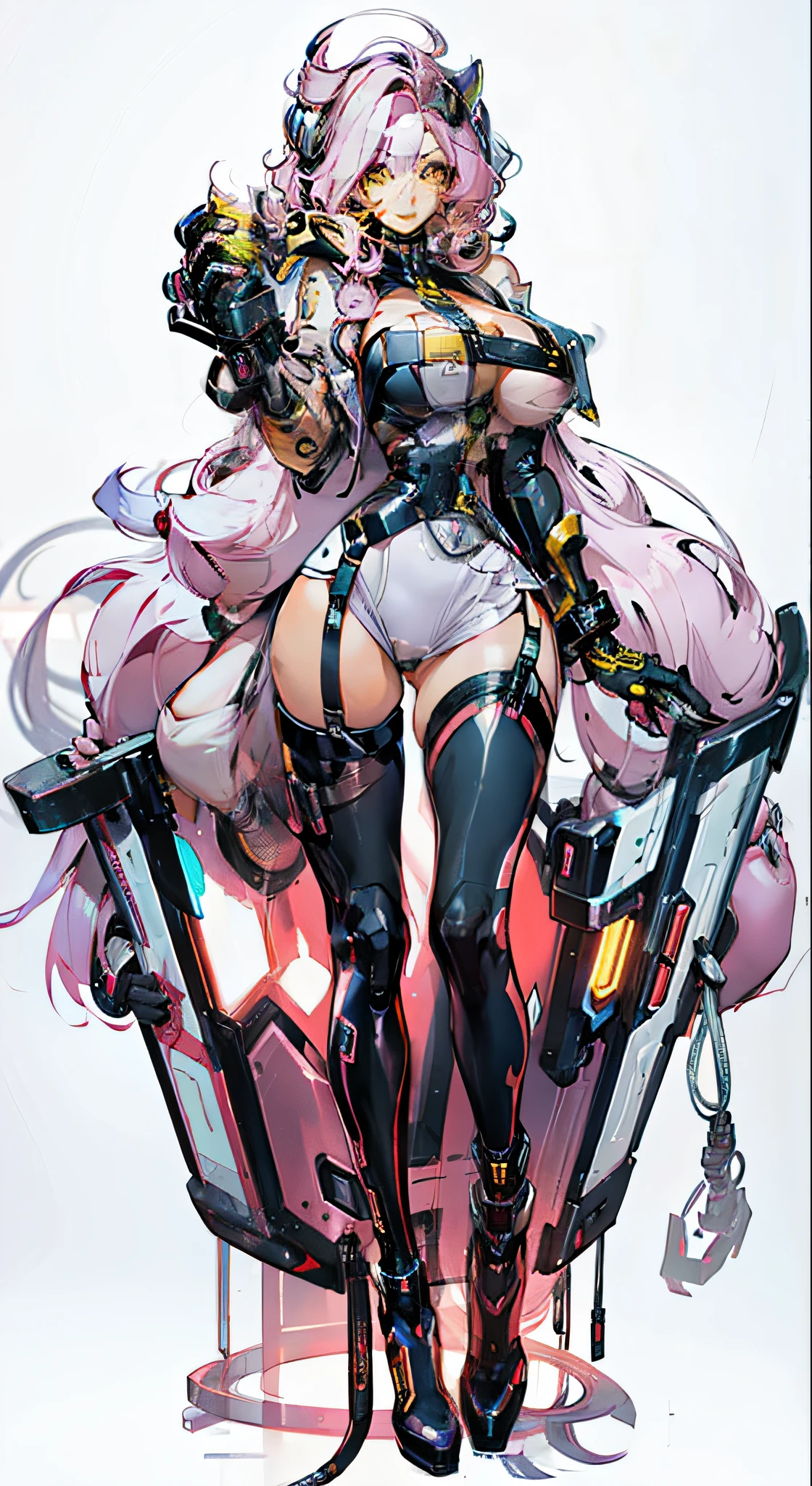 cyber punk personage ，femele，Yellow curly hair，Huge cleavage