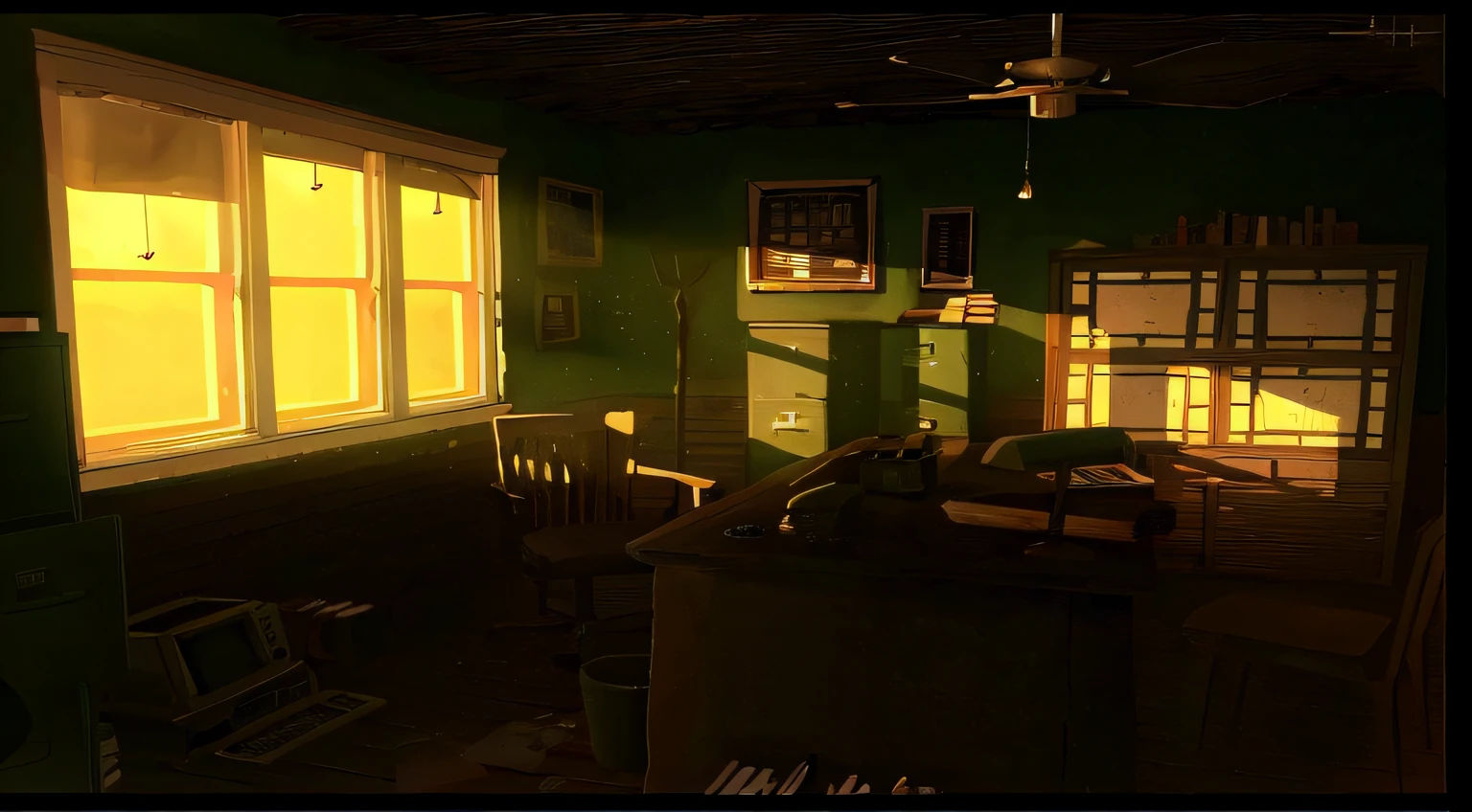 there is a room with a desk and a chair, detailed lighting and textures, Detailed textures and lighting, eerie nostalgic concept art, Dramatic lighting. arte conceptual, motor irreal. retro film still, Arte de fondo interior, daylight made in blender, realistic afternoon lighting, Fantastic lighting and shading, james gurney cinematic lighting, great volumetric lighting, Rendered lighting